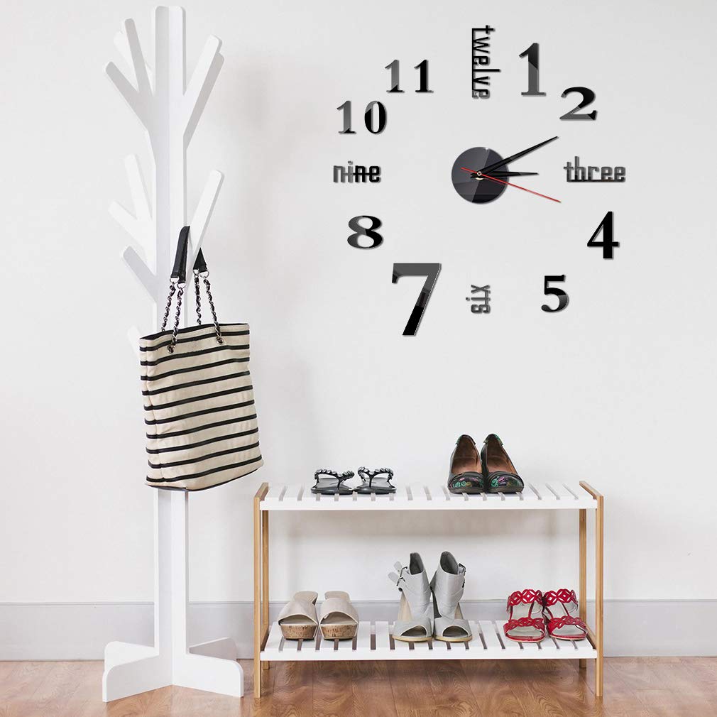 Hxezoc 10inch-20inch Frameless DIY Wall Clock Black 3D Mute Round Shape Quartz Wall Clock Sticker DIY Wall Decoration for Home Living Room Bedroom Office Classroom