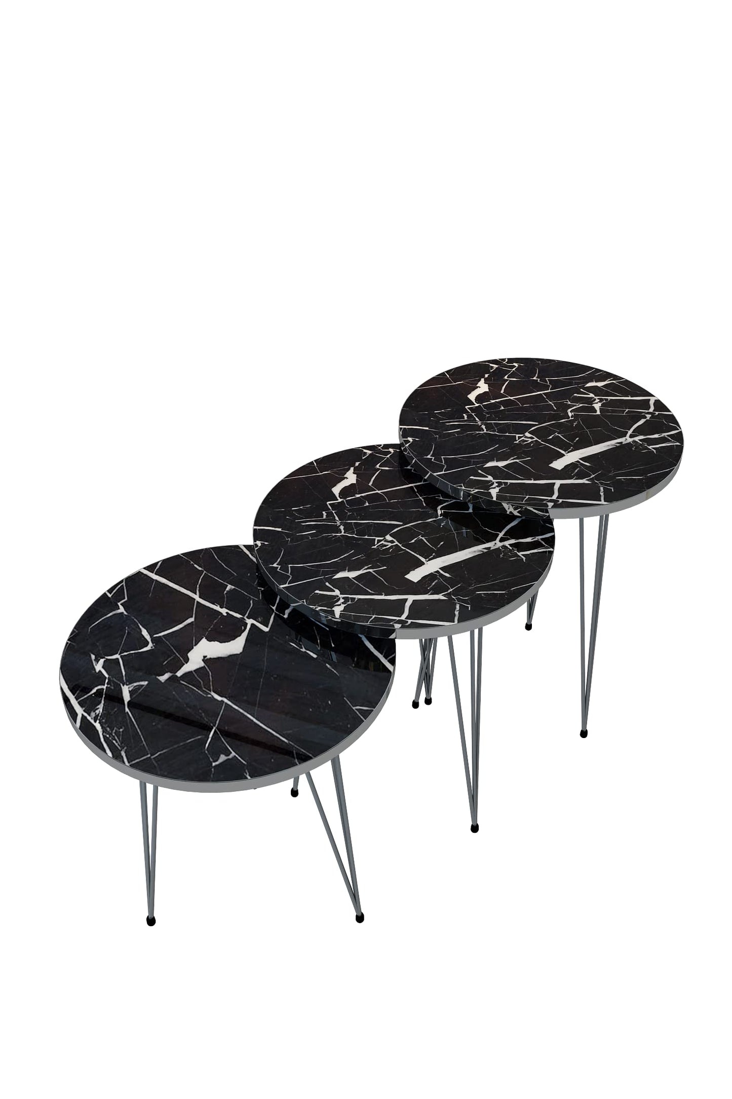 PAK HOME Set of 3 Nesting End Tables Round Wood Stacking Coffee Side Accent Sofa Table with Metal Legs for Living Room, Home Office, Nightstands for Bedroom (Black Marble/Silver Legs)