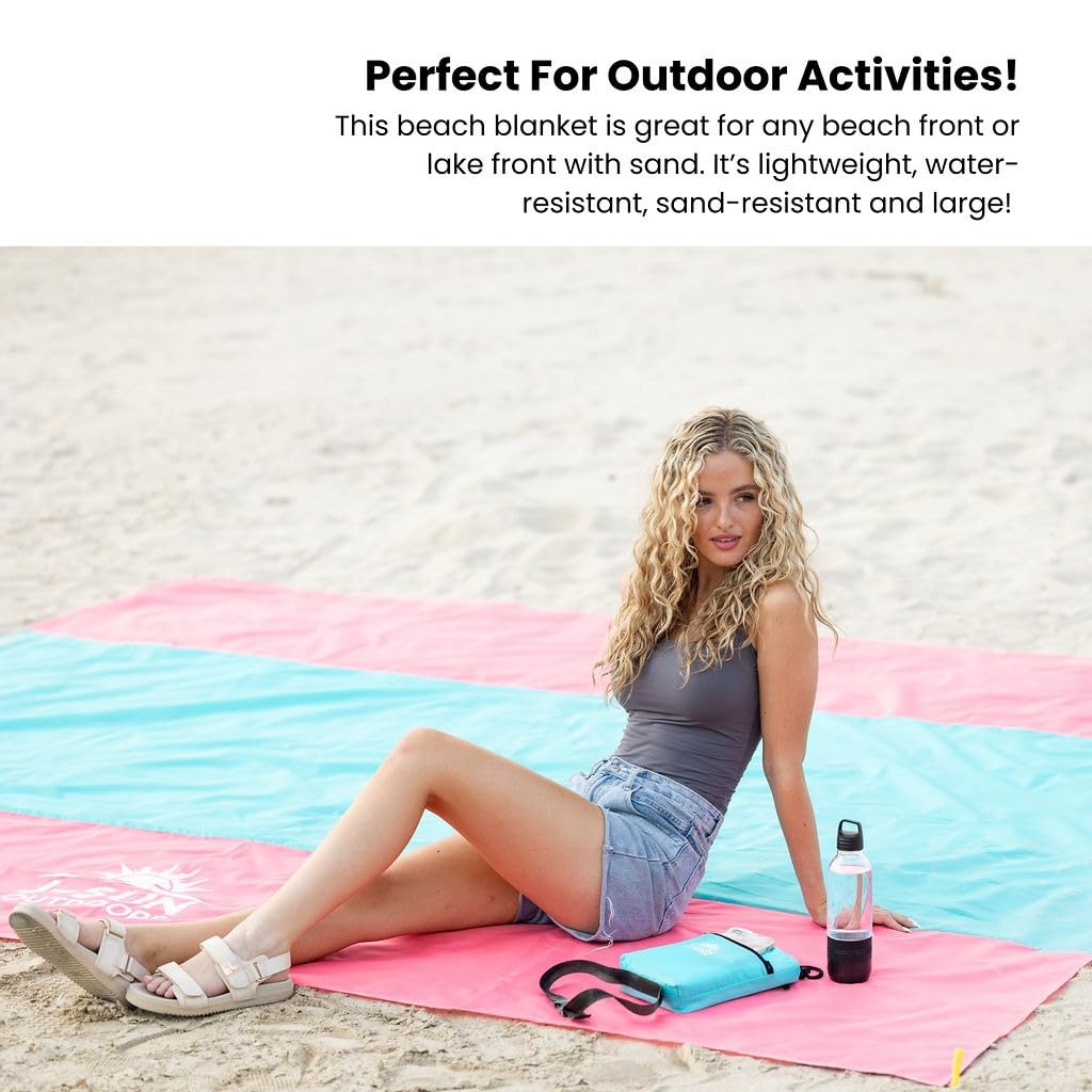 Beach Blanket Sandproof Waterproof, Extra Large Beach Mat, Oversized & Compact Sand Free, Quick Dry Beach Essentials for Vacation, Cruise, Picnic & Camping with Stakes & Extra Zippered Pockets