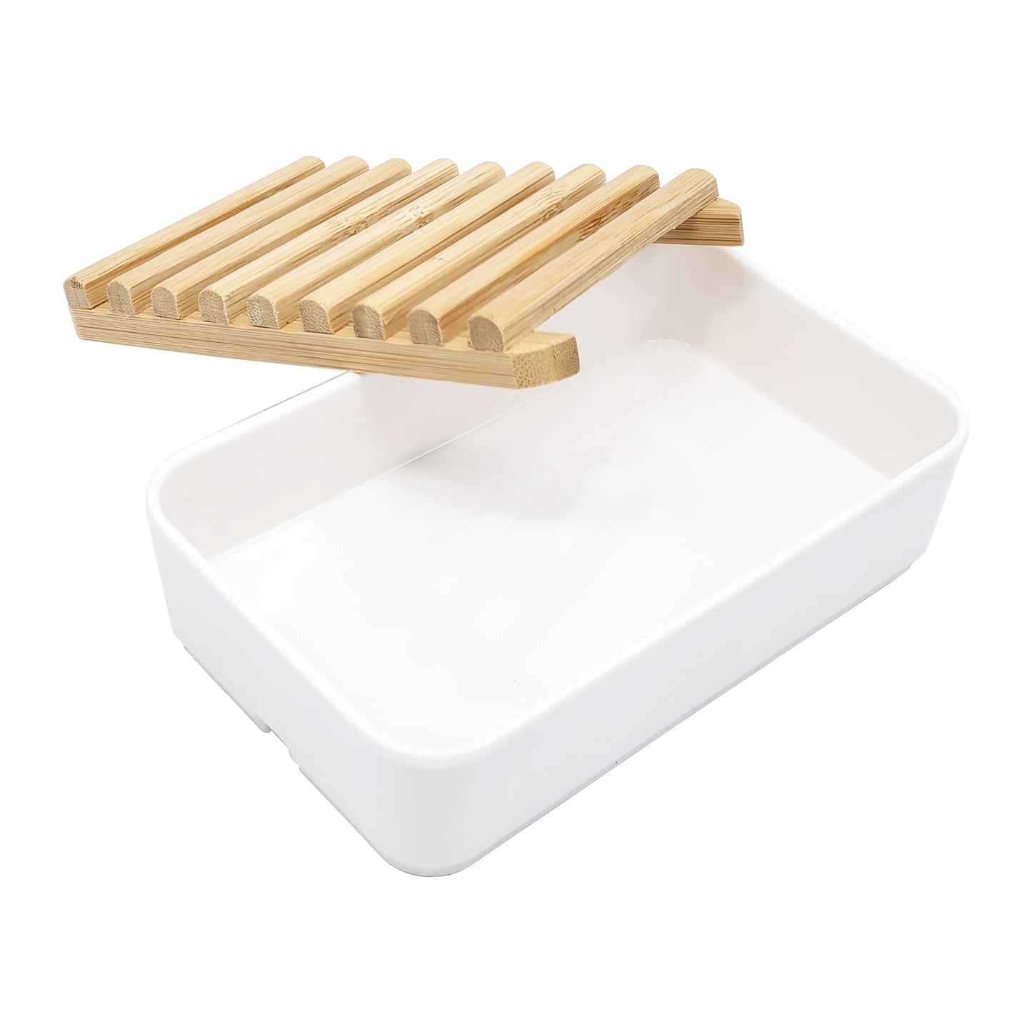 Latomex Soap Dish Holder, Bamboo Self-Draining Soap Box, Soap Dishes Holder for Shower, Bathroom, Kitchen, Bathtub, Bar Sink (White, 1 Pack)