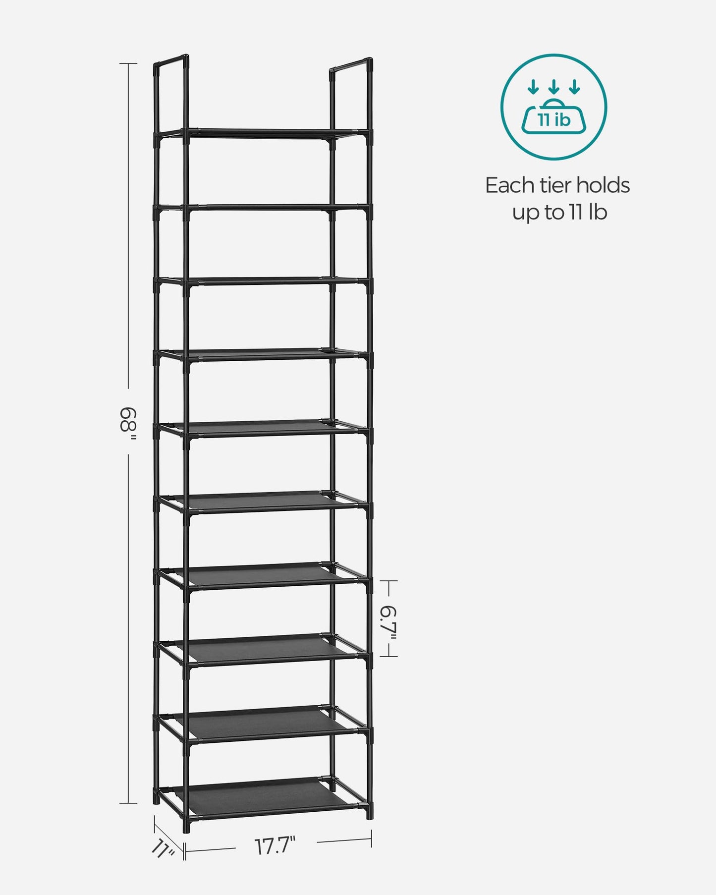 SONGMICS Shoe Rack, 10-Tier Shoe Shelf, Shoe Storage Organizer, 11 x 17.7 x 68 Inches, Metal Frame, Non-Woven Fabric Shelves, for Entryway, Bedroom, Black ULSH010B02