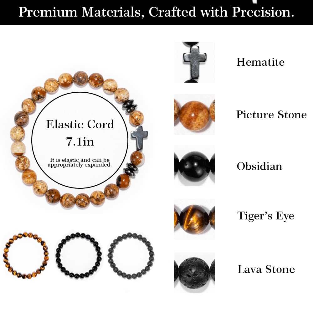 Crystery Men Beaded Bracelets, 8mm Natural Stone Bracelet, Healing Crystal, Jewelry Gifts for men, Triple Protection, Picture Stone, Tiger Eye, Black Obsidian Beads Bracelets, Lava Rock, Pack of 4