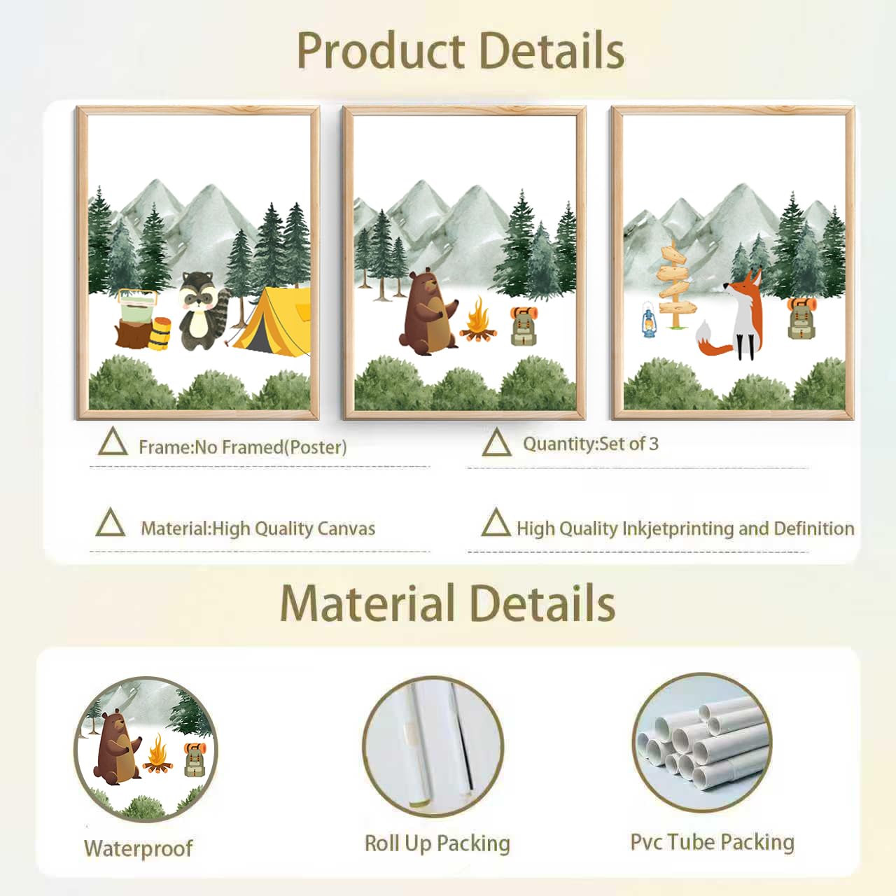 3Pcs Woodland Animal Nursery Canvas wall art Cute Bear Fox Raccoon Poster Print Safari Nursery Wall Decor Forest Animals Camping Campfire pictuer painting Boys Kids Room Home Decoration12*16In Unframed