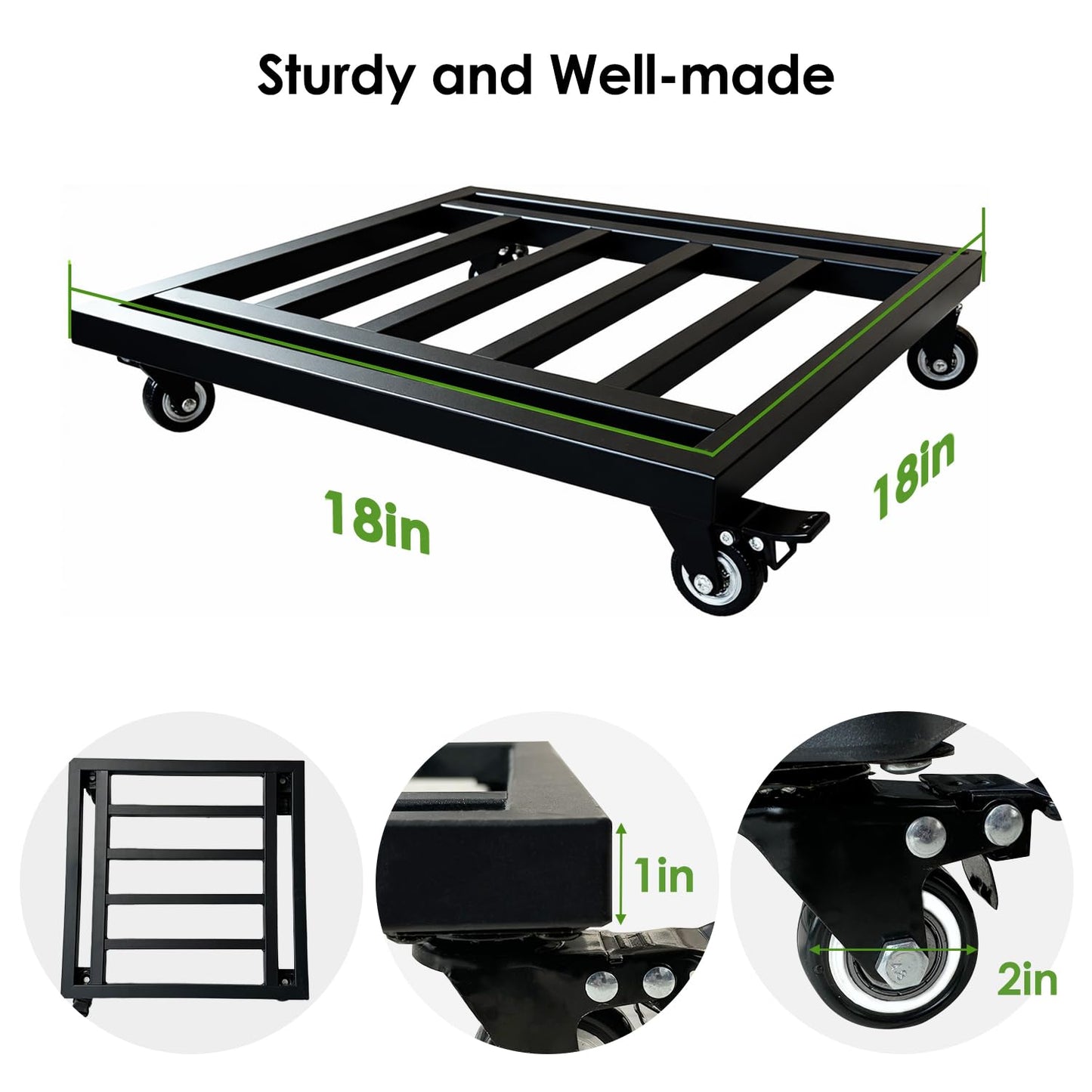 Hongsane 18" Square Plant Stand with Wheels Heavy Duty,Large Metal Plant Caddy Indoor Outdoor Use,Rolling Plant Dolly with Industrial Casters,Rust-Proof Black Plant Tray for Large Planters Pots,1-Pack