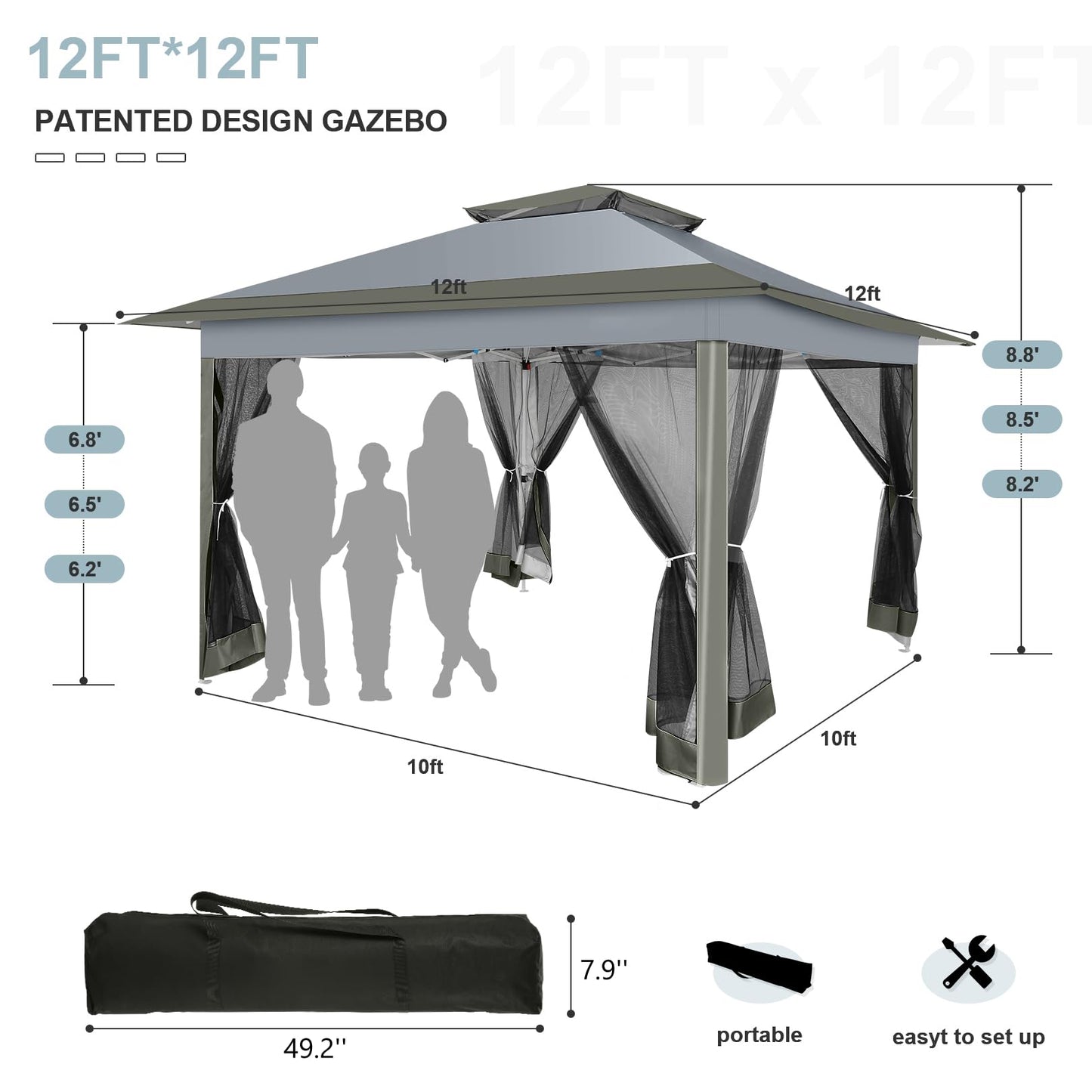 COBIZI 12x12 FT Pop up Gazebo on Clearance Outdoor pop up Canopy Tent,carpas para Patio, Shelter Tents with Netting & Portable Carry Bag, Patio Gazebos for Camping, Garden & Lawn, Darkgrey(Upgraded)