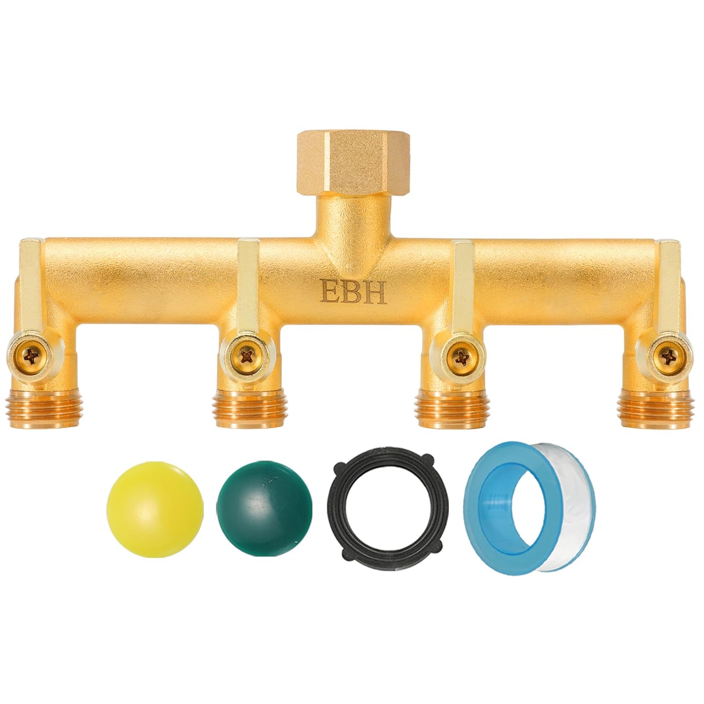 EBH Brass Garden Hose Splitter, 4-Way Heavy Duty Hose Splitter, Outdoor Faucet Manifold, with Extended Metal Handle and Individual On/Off Valve Spout, 3/4” GHT Threads