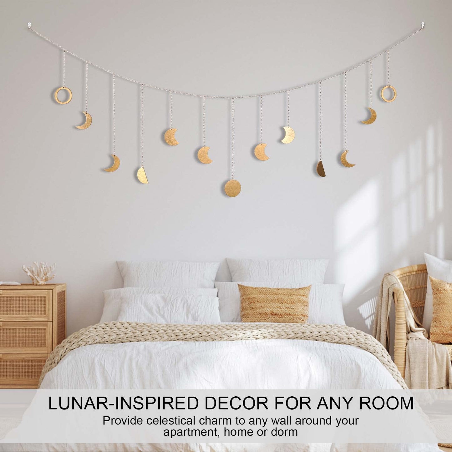Brmeday Moon Phase Wall Decor with LED String Light, 13 Gold Wood Boho Wall Hanging Decor Mood Garland 56'' - Celestial Phases Moon Decoration in Bohemian Style for Bedroom Living Room, Gifts for Mom