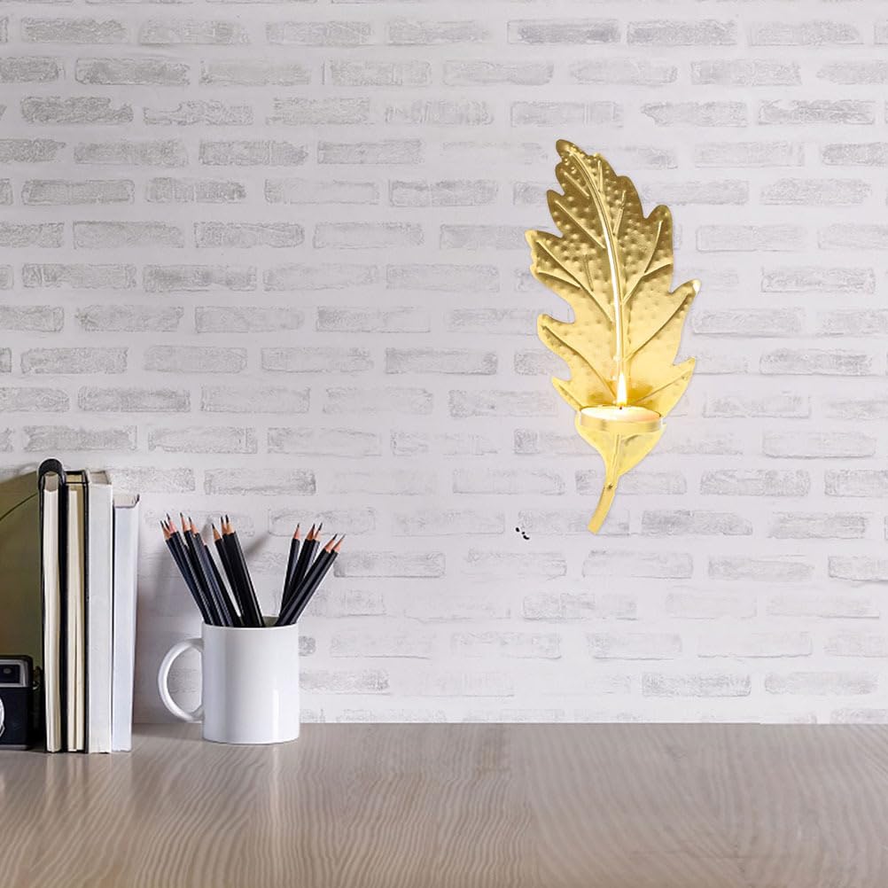 PRETYZOOM Metal Leaf Candle Holder Set of 2 Wall-Mounted Decorative Candlesticks for Home Bedroom Living Room Office Party D Cor 13.93X3.38X1.96In