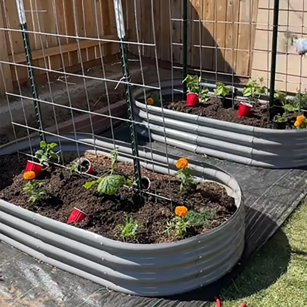 Tramull 2 Pack 8x4x1FT Galvanized Raised Garden Bed Kit Oval Metal Ground Planter Box Outdoor Bottomless Planter Raised Beds for Vegetables Flowers Herbs Fruits, Gray