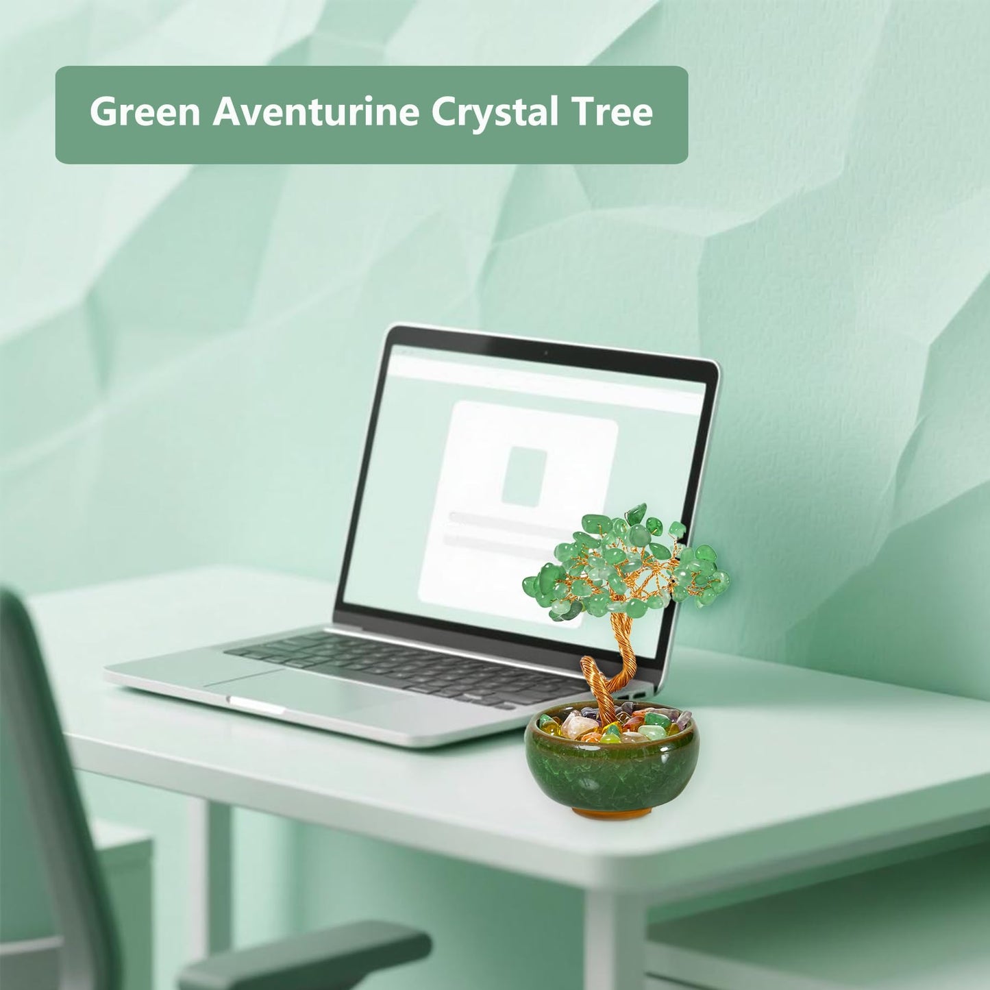 Green Aventurine Crystal Tree for Office Desk Home Room Decor, Crystal Tree of Life with Copper Wire, Ceramic Base, Meditation Gift for Women, Yoga, Birthday Gift