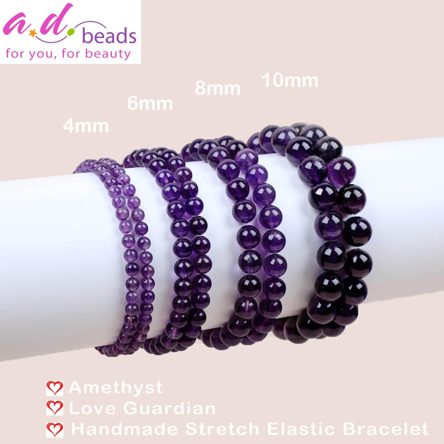 AD Beads Handmade Gemstone Stretch Elastic Bracelet Crystal Healing Reiki Nature's Beauty and Spiritual Essence Unisex (8mm, Amethyst (Love Guardian))