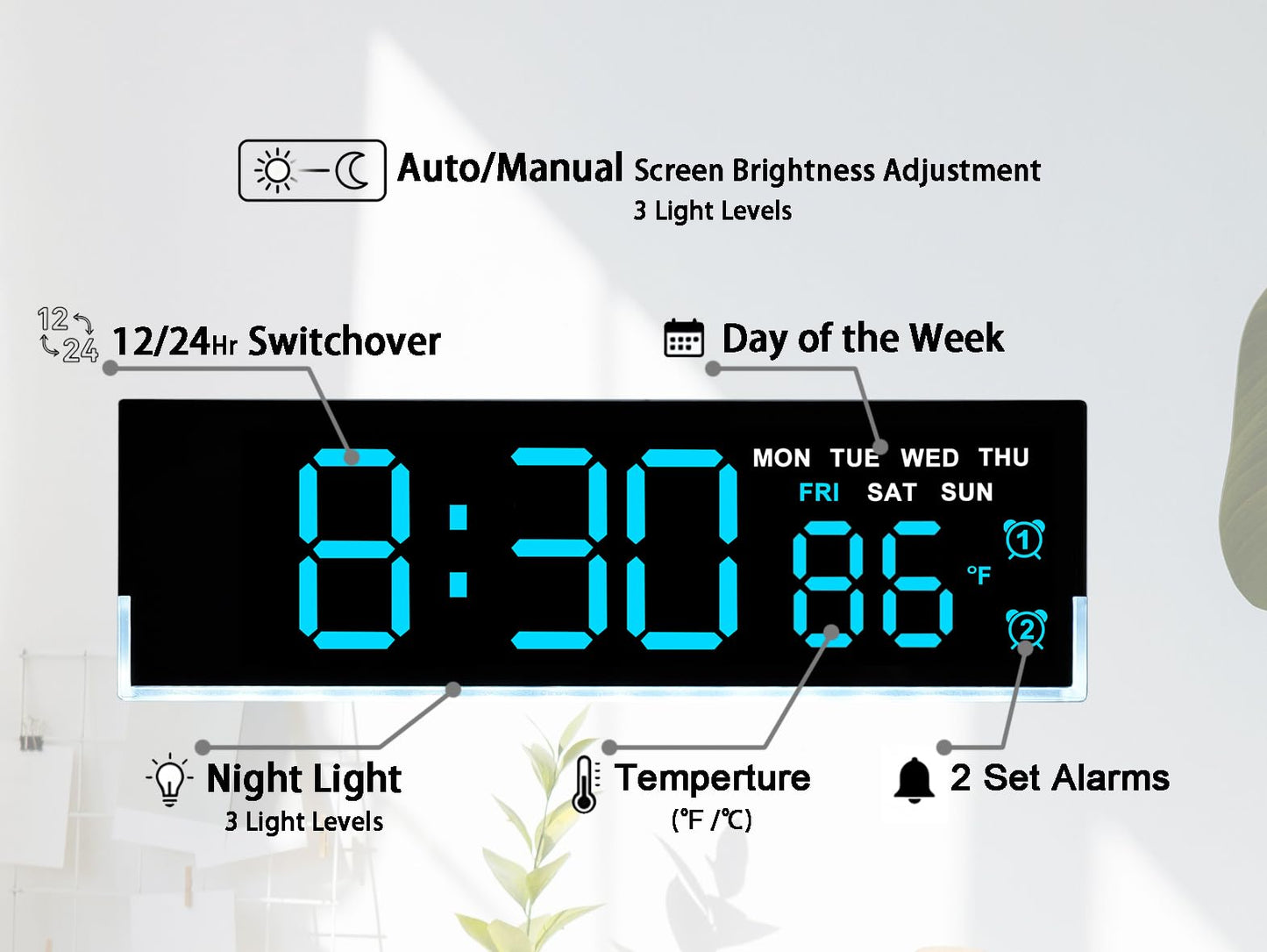 JENLYSTIME 7 Inch LED Digital Alarm Clock with Dual Alarms & Bottom Glow｜Displays Time, Date, Day, Temperature｜3-Level Auto/Manual Brightness, DST, USB or Battery Powered Modern Desk Clock (Blue)