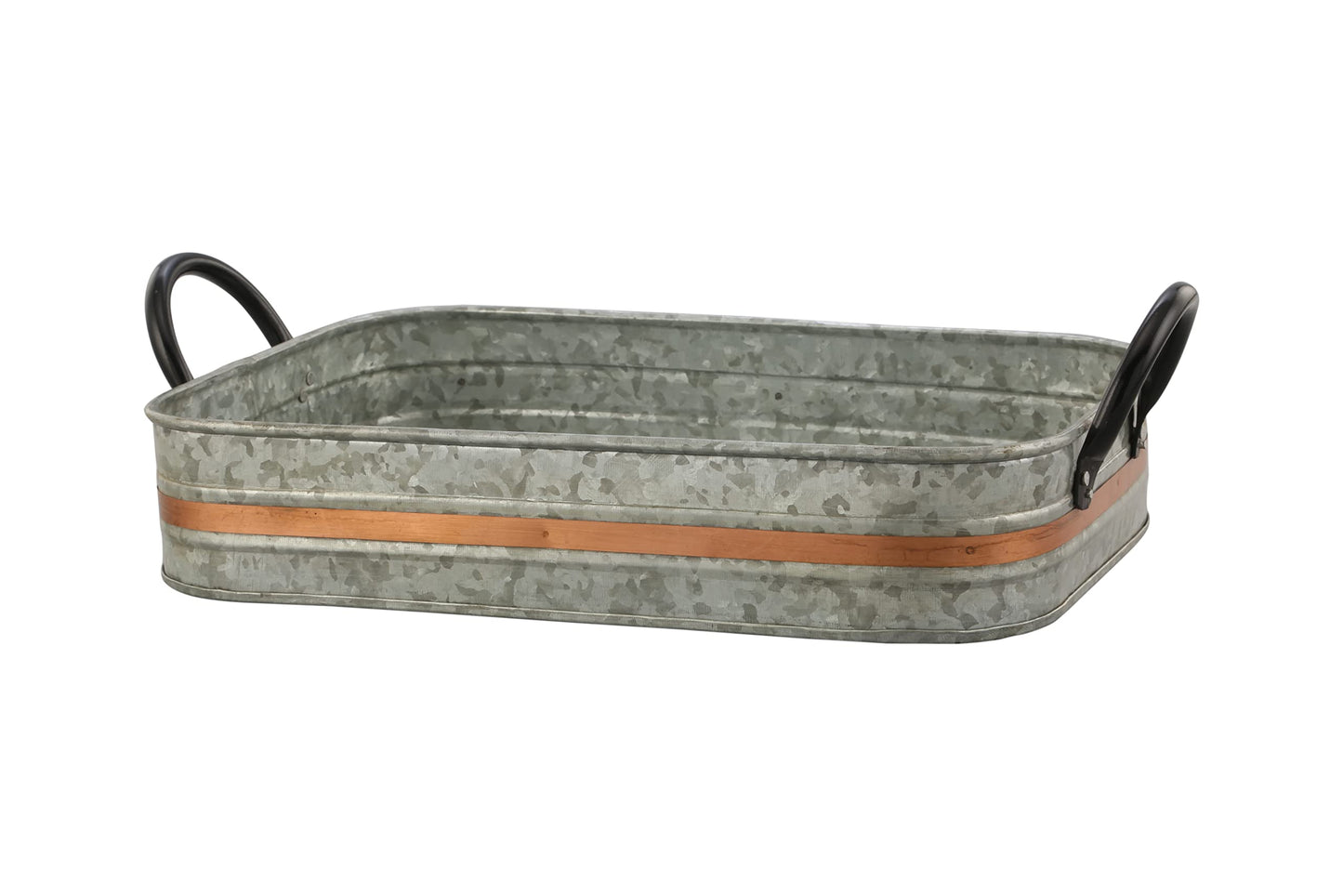 Galvanized Metal Serving Trays Iron Black Handles, Farmhouse Tray with Copper Strip, Decorative Centerpiece for Coffee Table or Dining Table, Rustic Utility Tray for All Purpose, Rectangular Trays