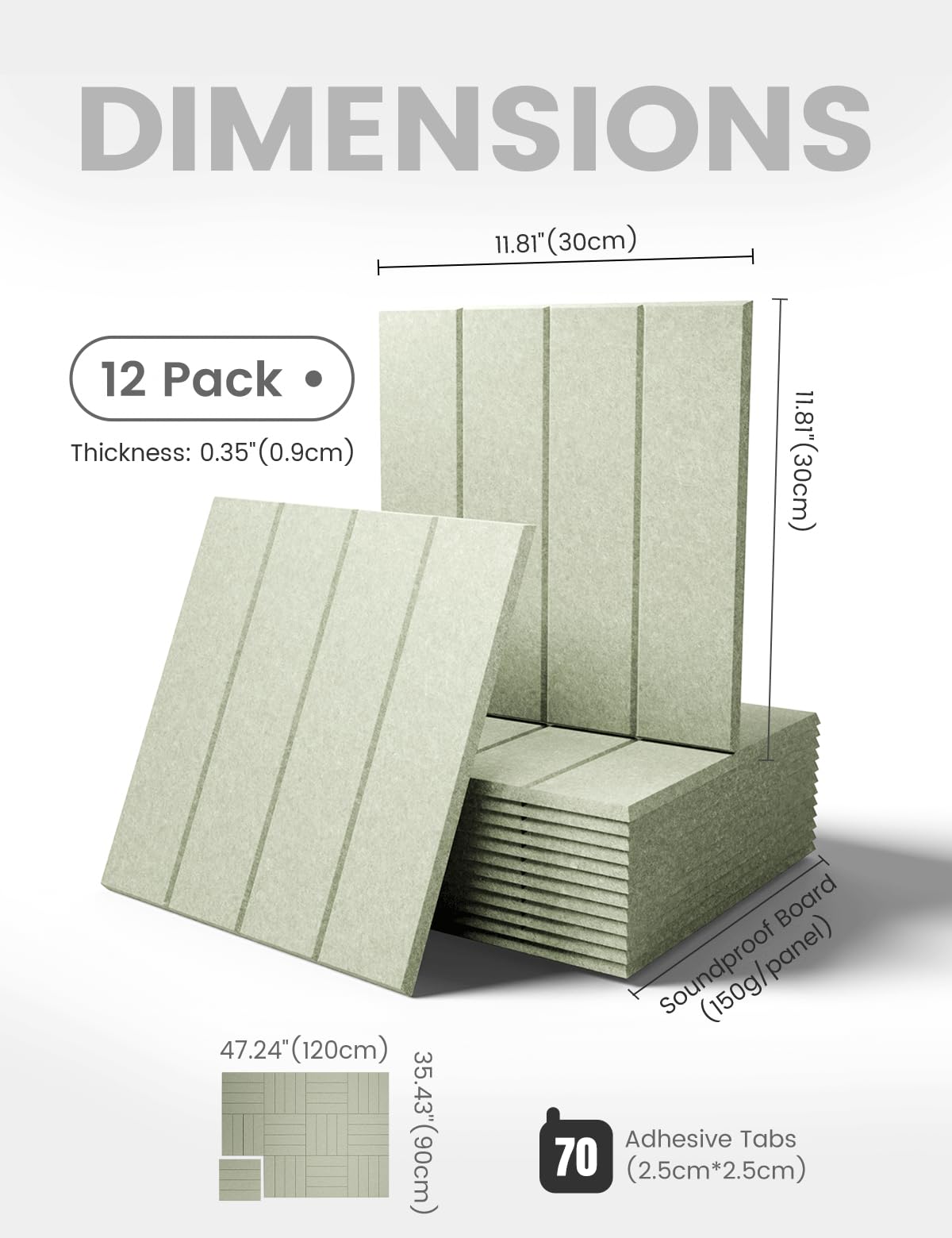 Fluxynara Felt Bulletin Board Tiles Large 48" x 36" Cork Board Alternative-12 Pack with 70 Adhesive Tabs, Thick Slat Wall Panels for Office Decor, Push Pin Board Wall Organizer Alternative-Sage Green