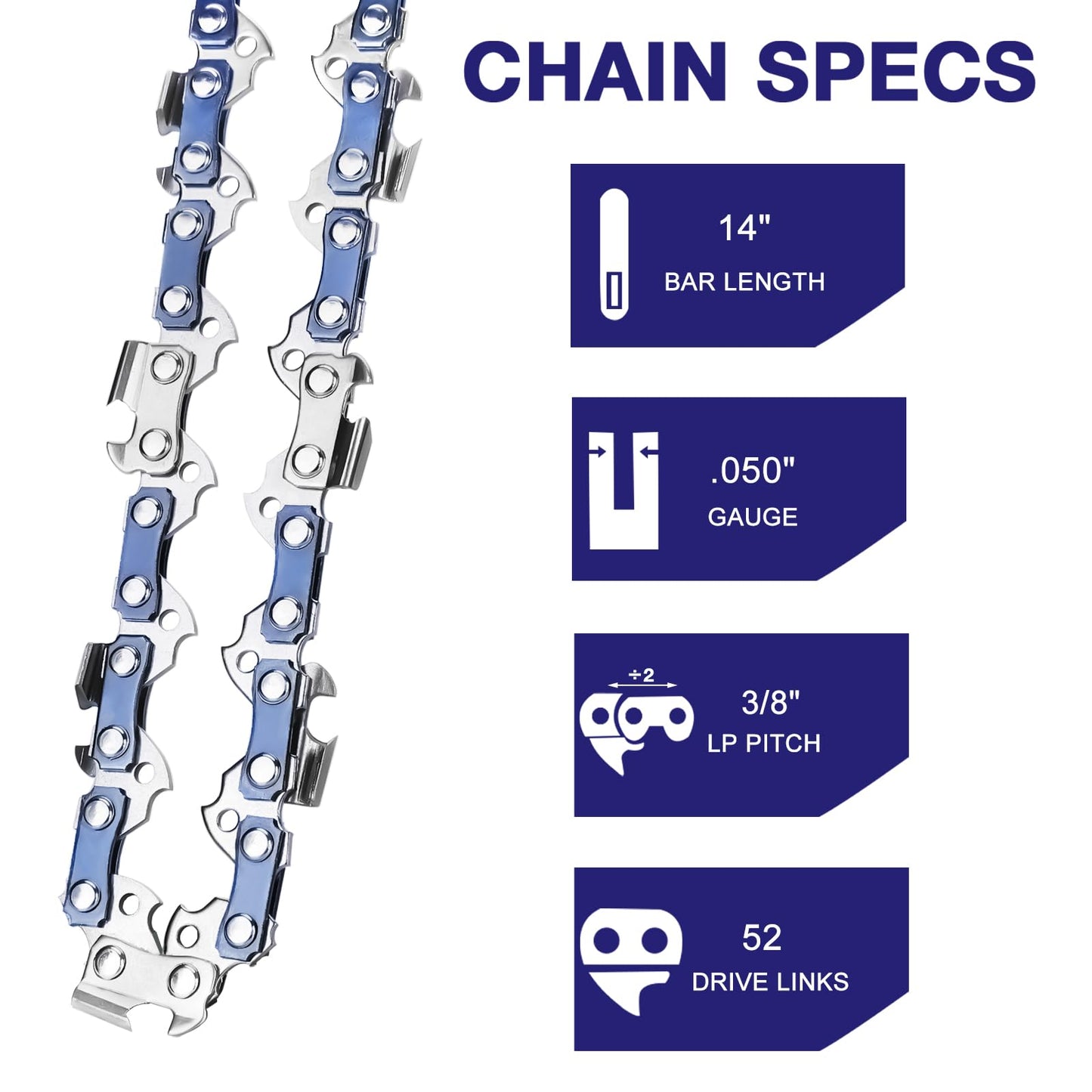 4 Pack 14 Inch Chainsaw Chain 3/8" LP Pitch .050'' Gauge 52 Drive Links fits Craftsman, Echo, Poulan, Ryobi and more