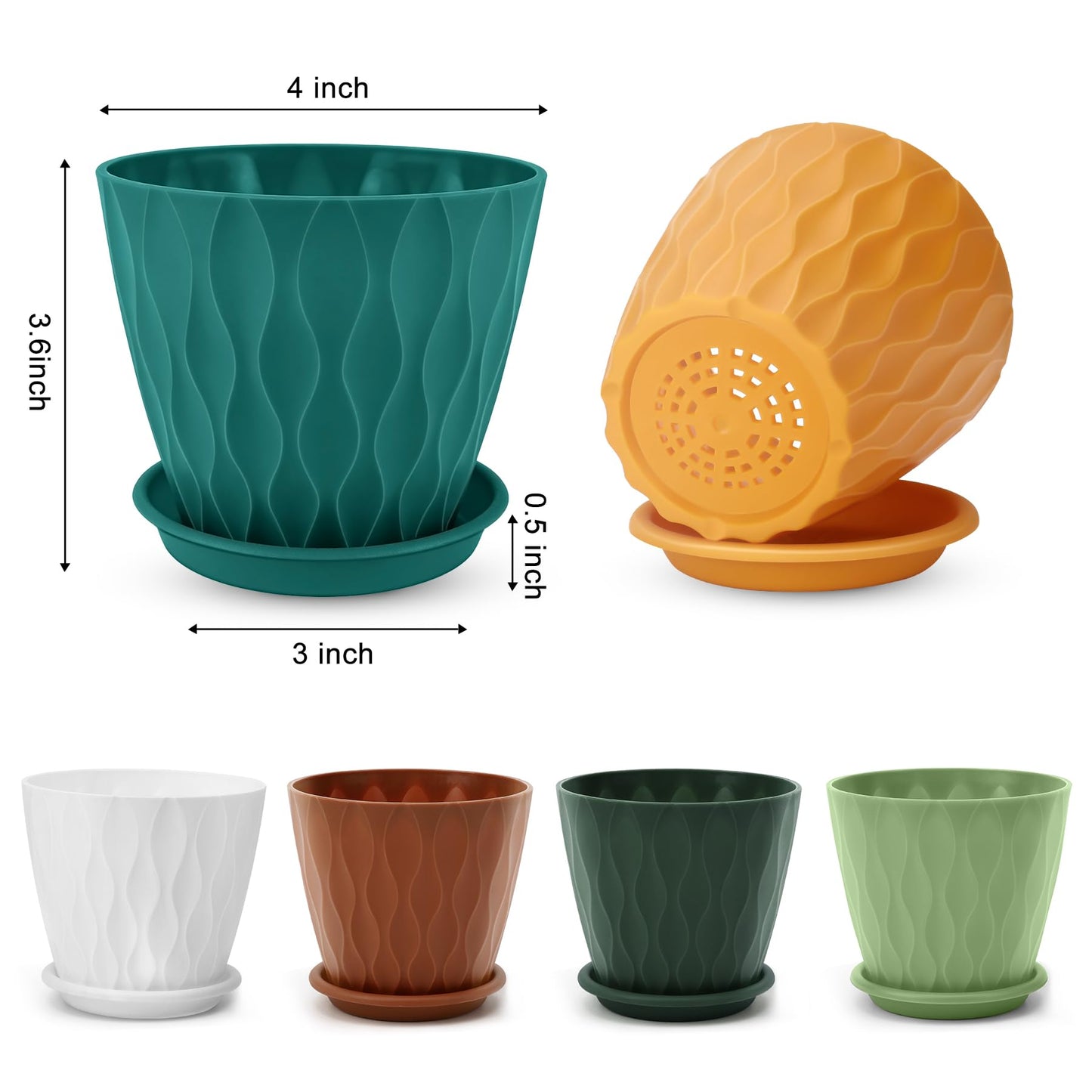 YNNICO 4 inch Plant Pots, 6 Pack Flower Pots Outdoor Indoor, Planters with Drainage Holes and Tray Saucers-Multicolor
