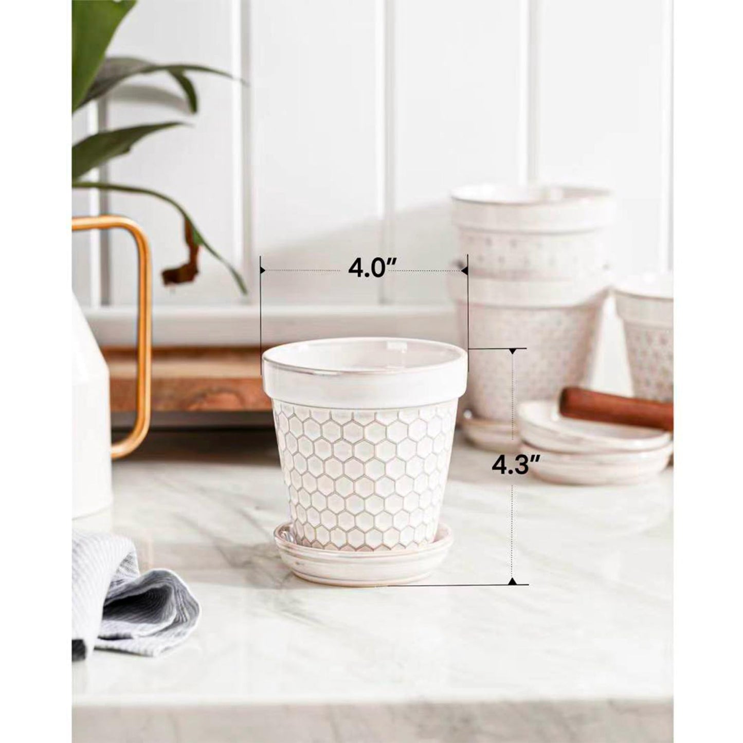 MIKIGEY Ceramic Succulent Pots with Drainage Hole & Saucer, 4 Inch Small Plant Pots, Ceramic Planter for Indoor Plants, Embossed Flower Pots, Home Decor, Set of 4, Off-White