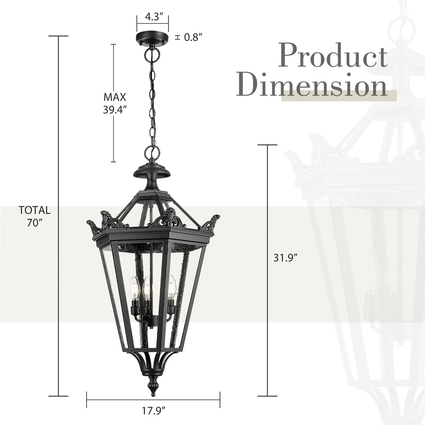 Emliviar 32 Inch Outdoor Front Door Hanging Light, Farmhouse Exterior Pendant Lantern Waterproof Ceiling Mount with Seeded Glass, Black Finish, XE283H BK