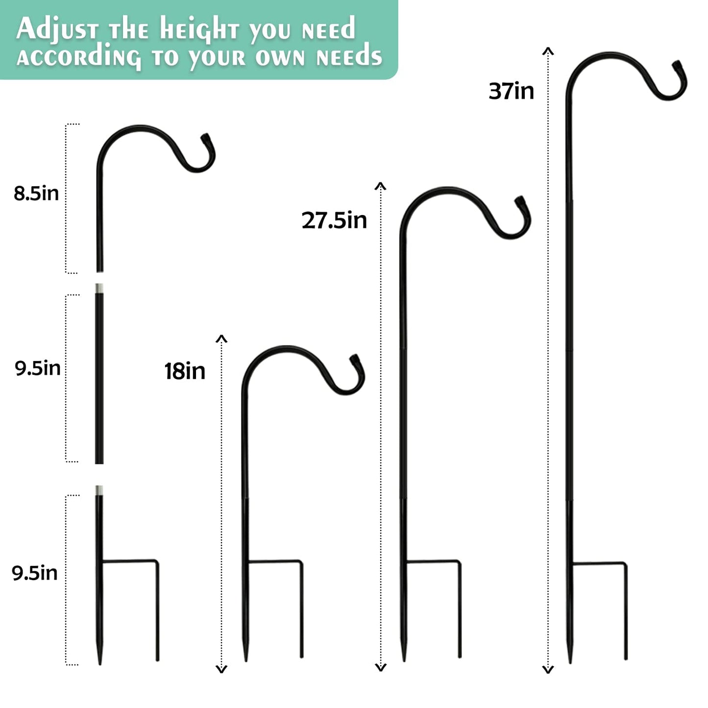 Urban Deco 8PK Heavy Duty Shepherds Hook, 37' Inch Tall Adjustable Height Shepards Hooks for Outdoors, Plant Hangers Garden Stakes, Plant Hooks Pole for Wedding, Garden, Outdoors