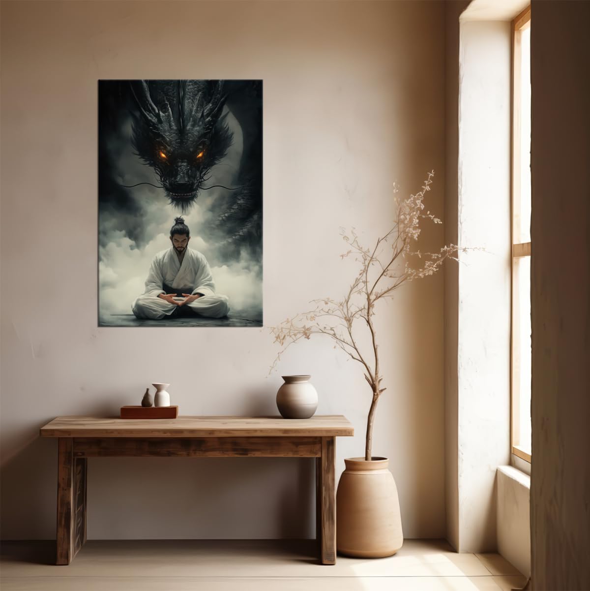 Meditating Samurai Black Dragon Wall Art Glowing Eyes Misty Japanese Warrior Canvas Print Oriental Dragon Zen Decor for Living Room Bedroom Home Office Ready to Hang-12x16 inch