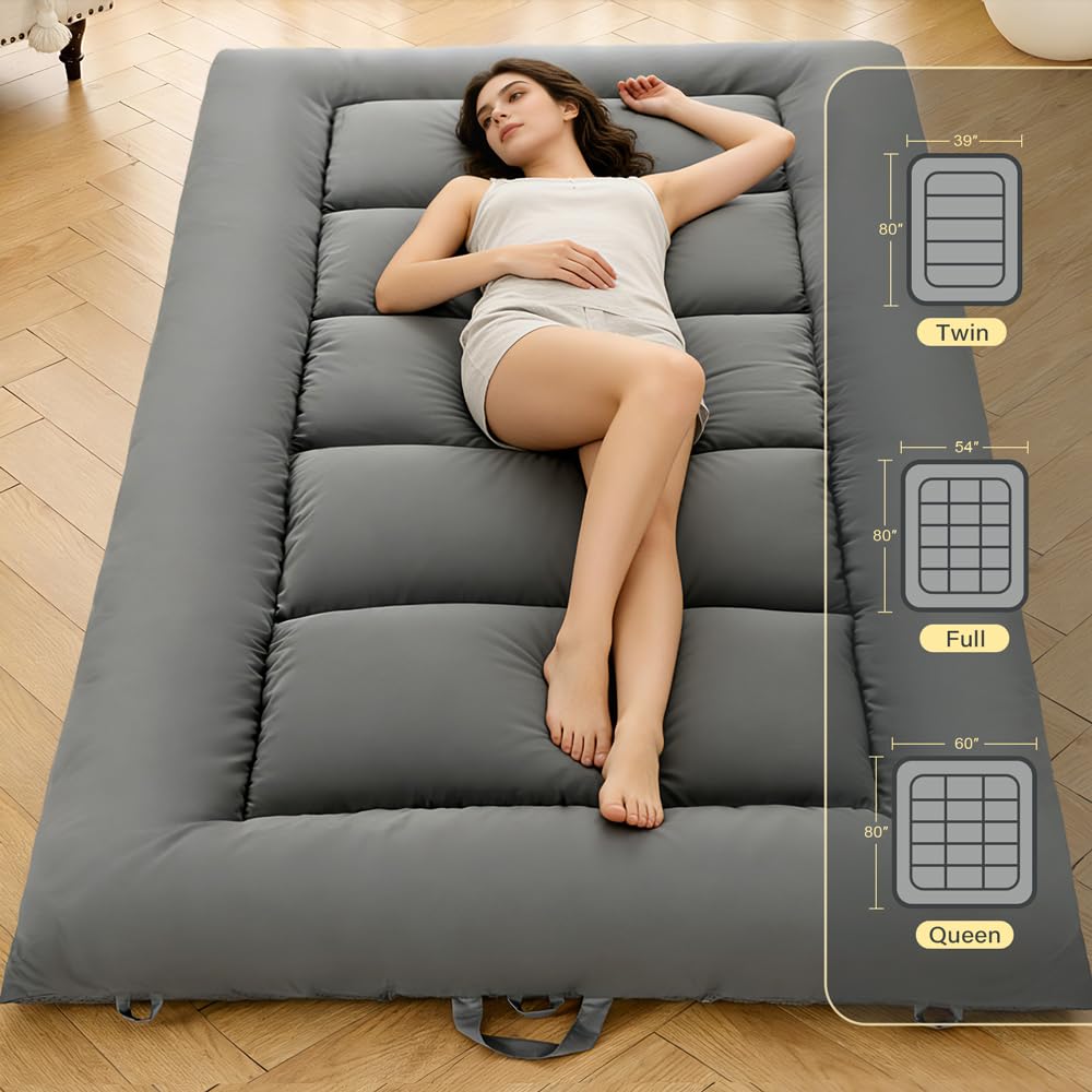 DOWNSTORIA Japanese Floor Mattress, Foldable Futon Mattress Tatami Mat with Handle, Roll Up Camping Sleeping Pad for Adults, Guestroom Floor Bed, Twin Size, Grey