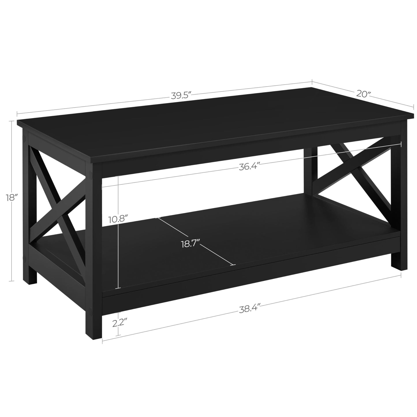 Yaheetech Wood 2-Tier Black Coffee Table with Storage Shelf for Living Room, X Design Accent Cocktail Table, Easy Assembly Home Furniture, 39.5 x 20 x 18 Inches