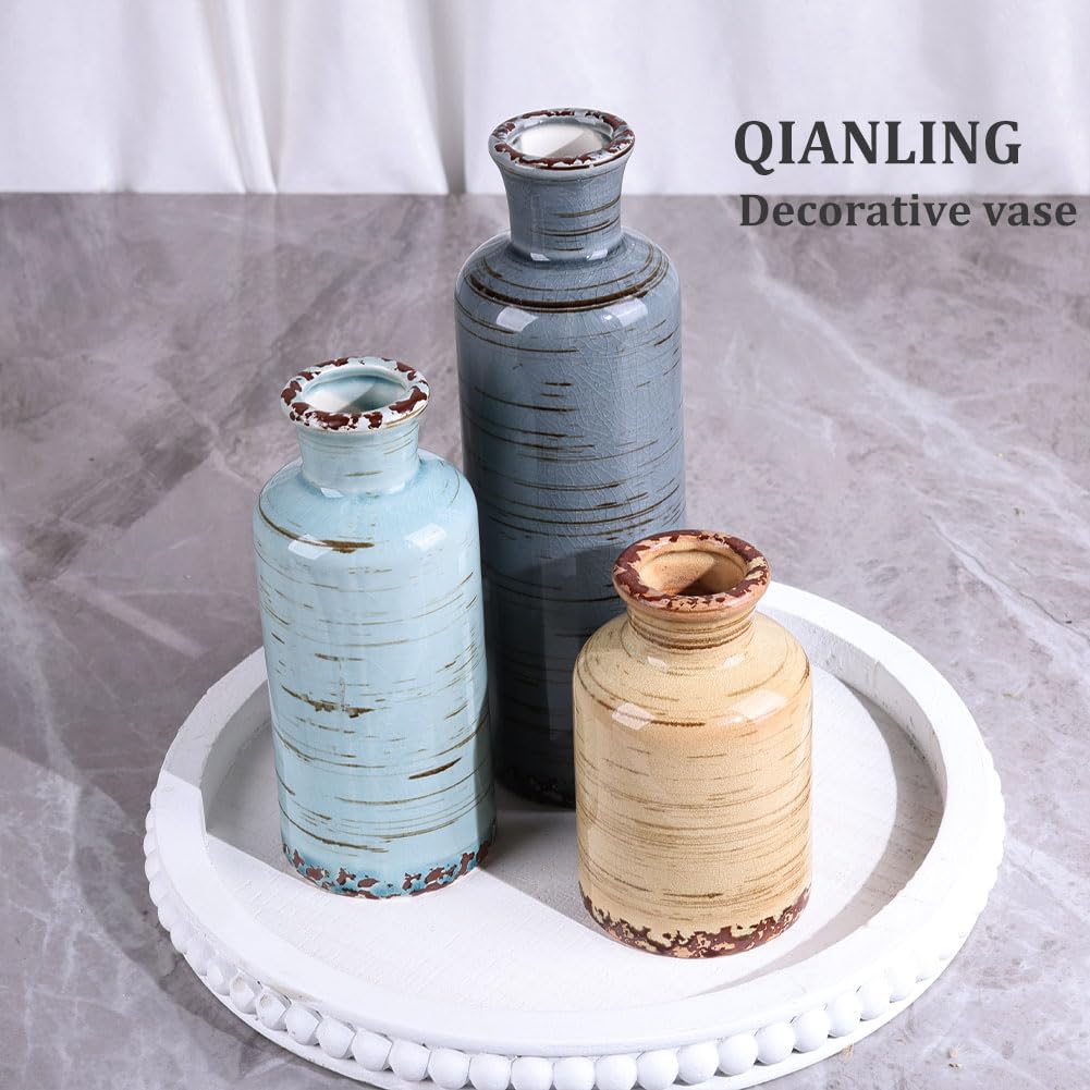 Ceramic Vase Set - 3 Small Flower Vases Home Decor, Modern Rustic Farmhouse Pottery Vases for Centerpieces, Living Room, Kitchen, Shelf, Bedroom, Bathroom, Fireplace, Table Shelf and Entryway Decor
