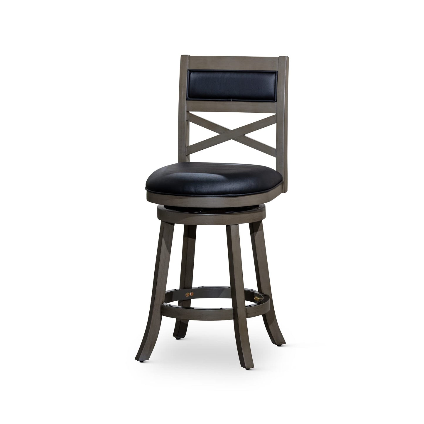 DTY Indoor Living Meeker X Back Fabric Swivel Stool, 30” Bar Height, Weathered Grey Finish, Black Leather Seat