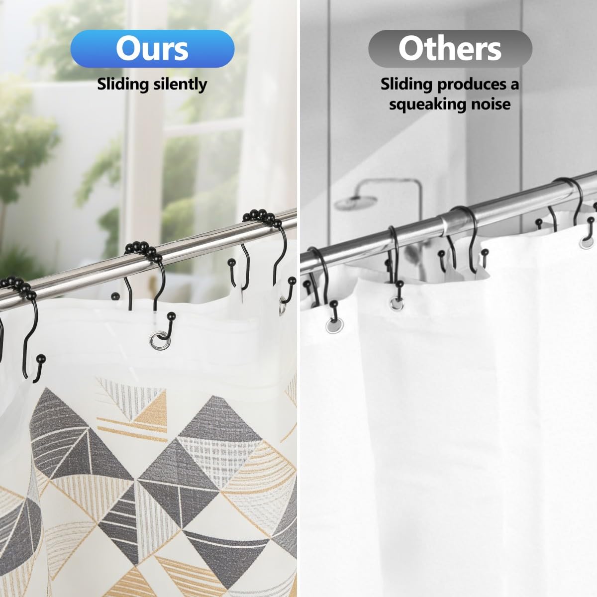 Resze Shower Curtain Hooks, Sturdy Metal Black Shower Curtain Rings, Glide Roller Double Shower Hooks, Rust Proof Anti-Drop Curtain Hooks, 12 Pcs Smooth Sliding Rings for Bathroom Shower Rods Curtains