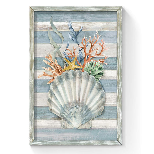 Seashell Wall Art Wooden Framed: Vertical Ocean Coral Starfish Seaweed Picture Teal Vintage Rustic Nautical Coastal Beach Marine life Painting Prints on Wood Plank Hand Painted Artwork for Bathroom