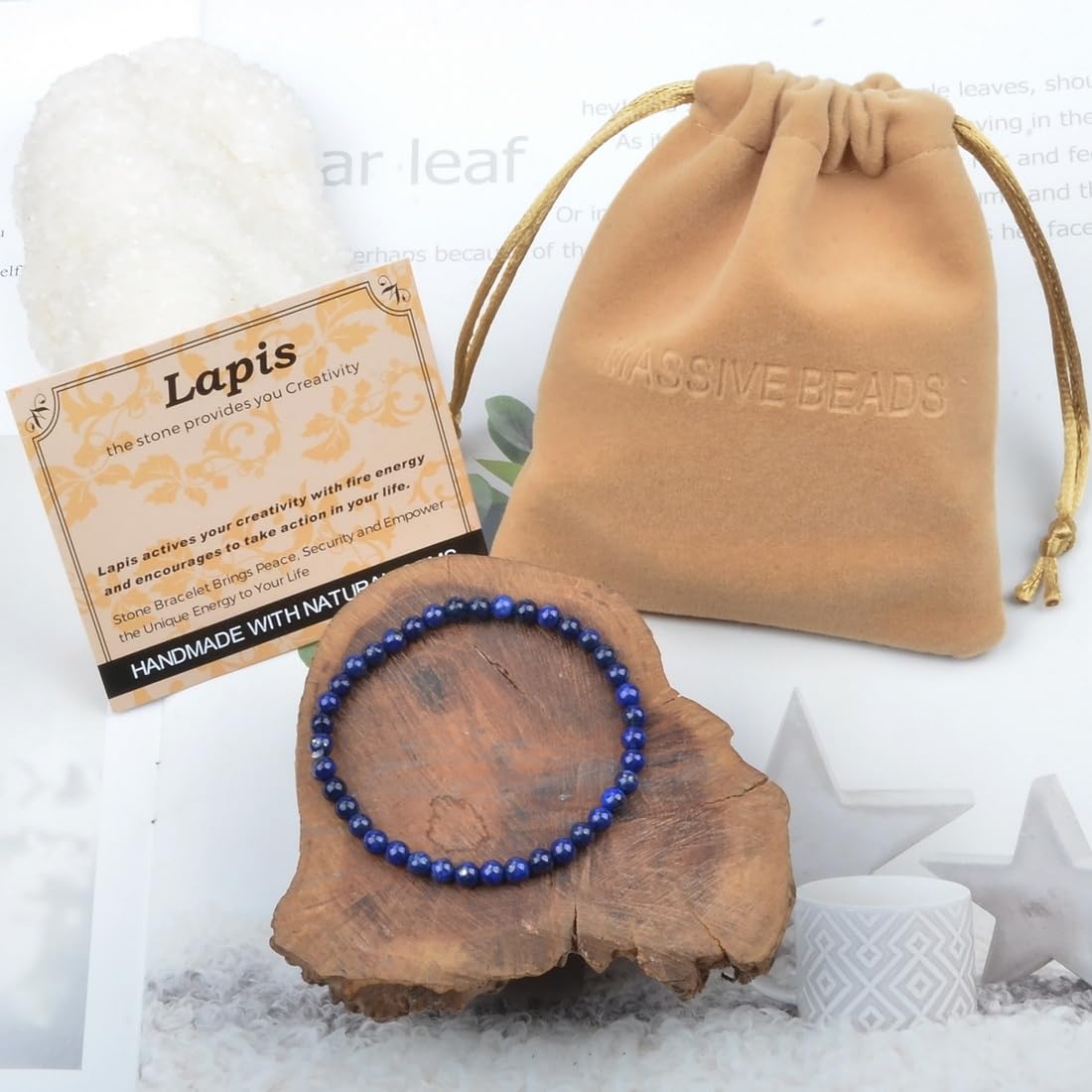 MASSIVE BEADS Lapis - Creativity and Confidence - Handmade Handmade Yoga Stretch Elastic Bracelet Natural Stone Crystal Healing Power Energy Gifts for Unisex Adult 4mm