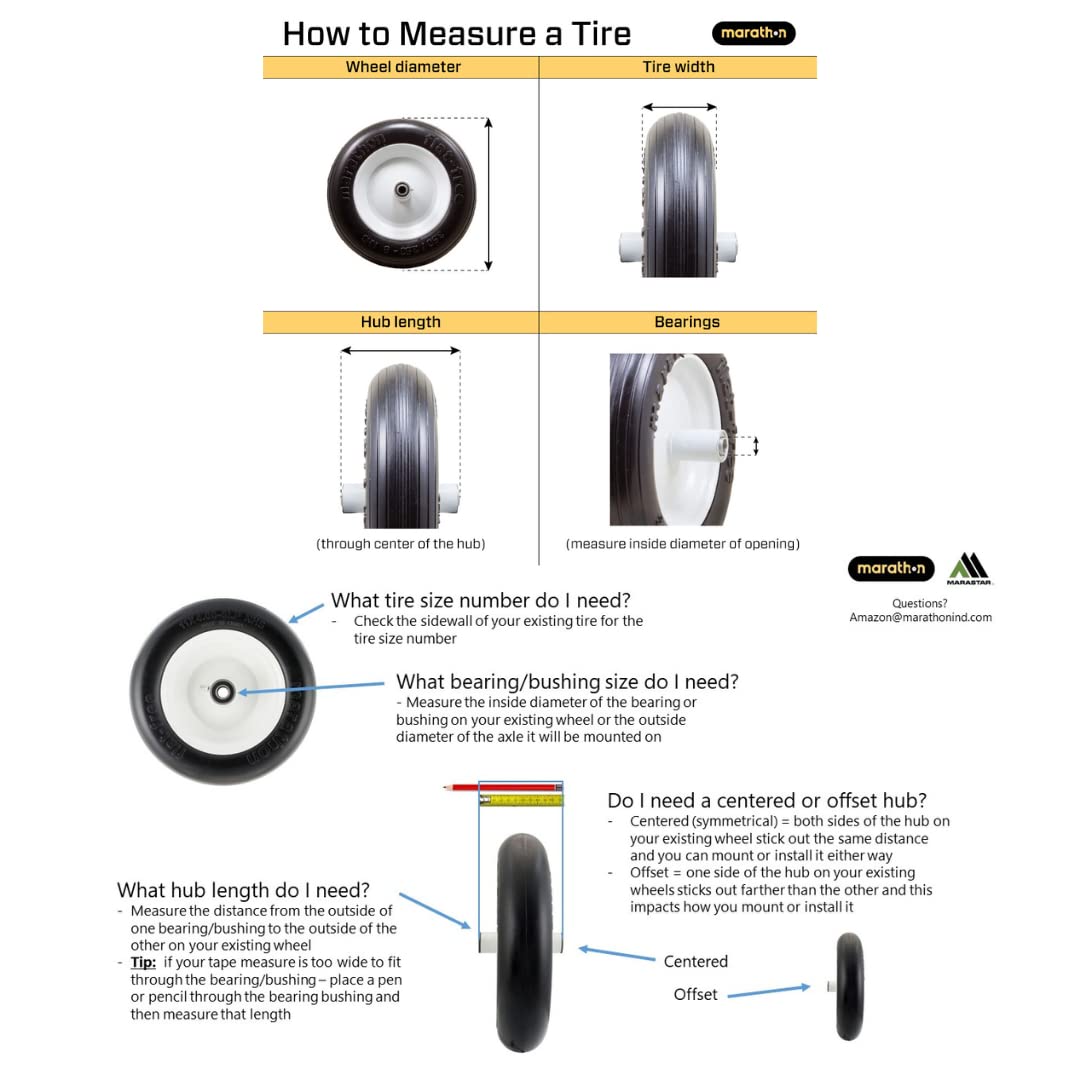 Marathon 4.10/3.50-6" Flat Free, Hand Truck / All Purpose Utility Tire on Wheel, 3" Centered Hub, 3/4" Bearings