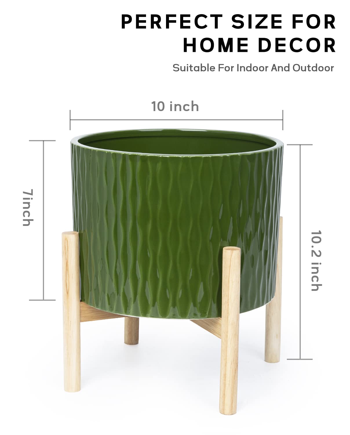 LaDoVita Ceramic Plant Pot with Stand, 10 Inch Planter with Wood Shelf, Modern Round Flower Pots Indoor with Wood Planter Holder, Dark Green Water Ripple Pattern