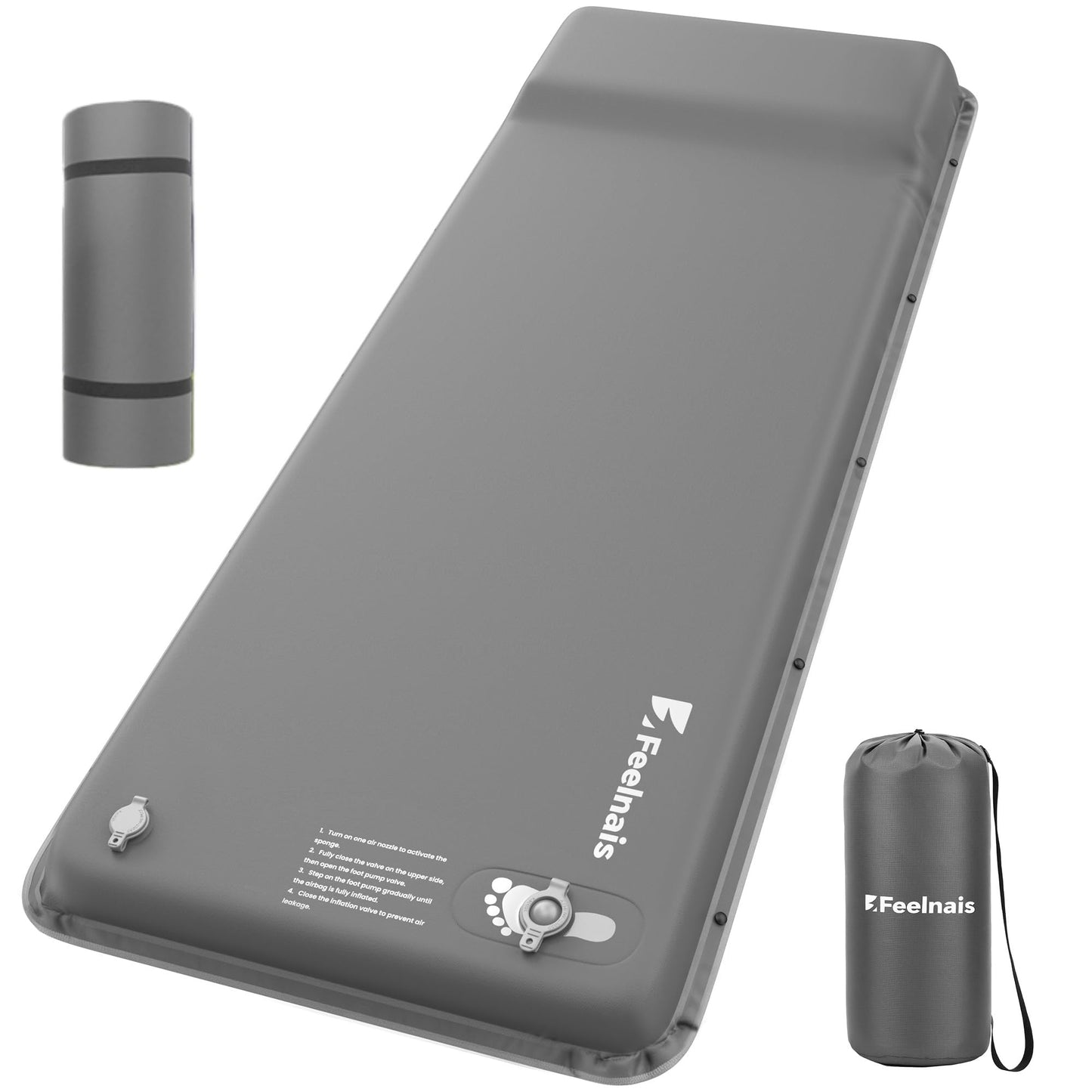 Feelnais Self Inflating Sleeping Pad, Memory Foam Camping Pad with Foot Pump, Memory Foam Mattress with Pillow, 4 Season Camping Mattress Pad, Camping Essentials Gear for Tent/Car/Camp - Grey