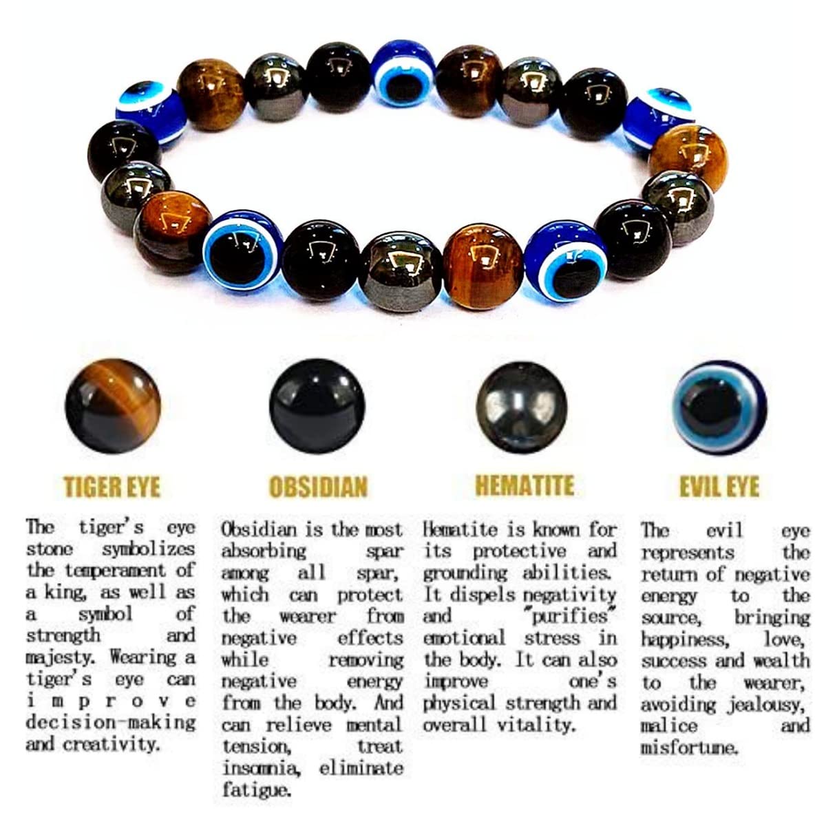 WEFRIN Triple Protection Bracelet for Bring Luck and Prosperity Hematite Black Obsidian Tiger Eye Stone Bracelets for Men Women, Beaded Buddha Healing Rope Uni Bracelet (2pcs) (D)