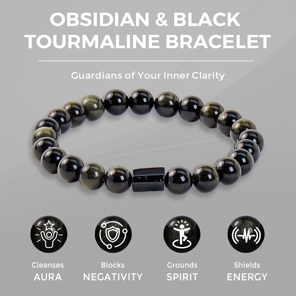 Buddha Stones Black Obsidian Bracelet with Black Tourmaline, Black Stone Bead Bracelet for Men & Women, Unisex Good Luck Bracele for Protection Positive Energy, Healing Crystal Bracelet for Anxiety Relief, Includes Gift Box & Card - 8MM