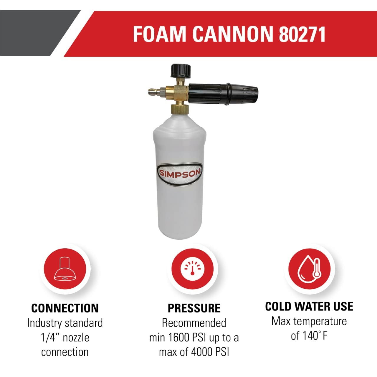 Simpson Cleaning 80271 Pressure Washer Foam Cannon with 1/4 Inch Quick Connector, 1 Liter, White