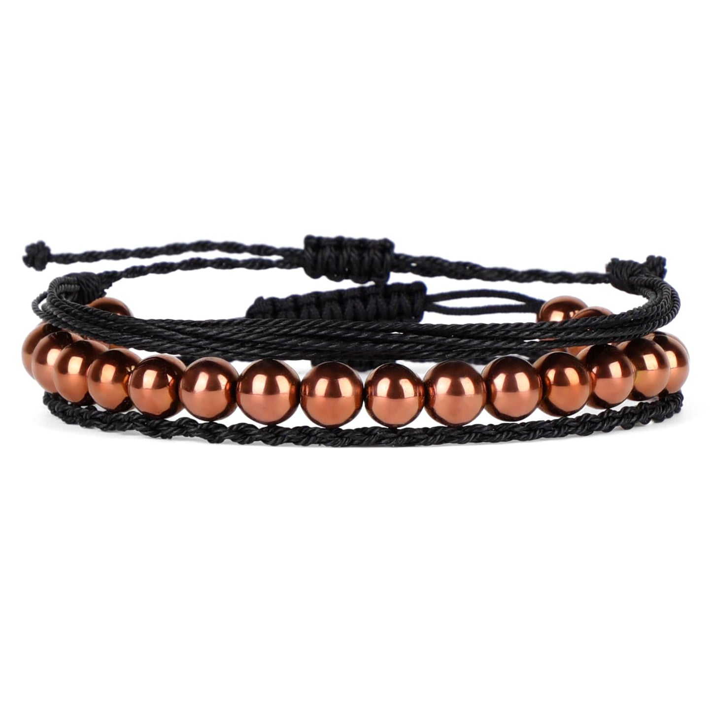 QOGIR Handmade Healing Bracelet,8mm Natural Copper Hematite Gem Stone Beads Bracelet for Men Women Gifts with 2PCS Size Adjustable Rope Bracelets