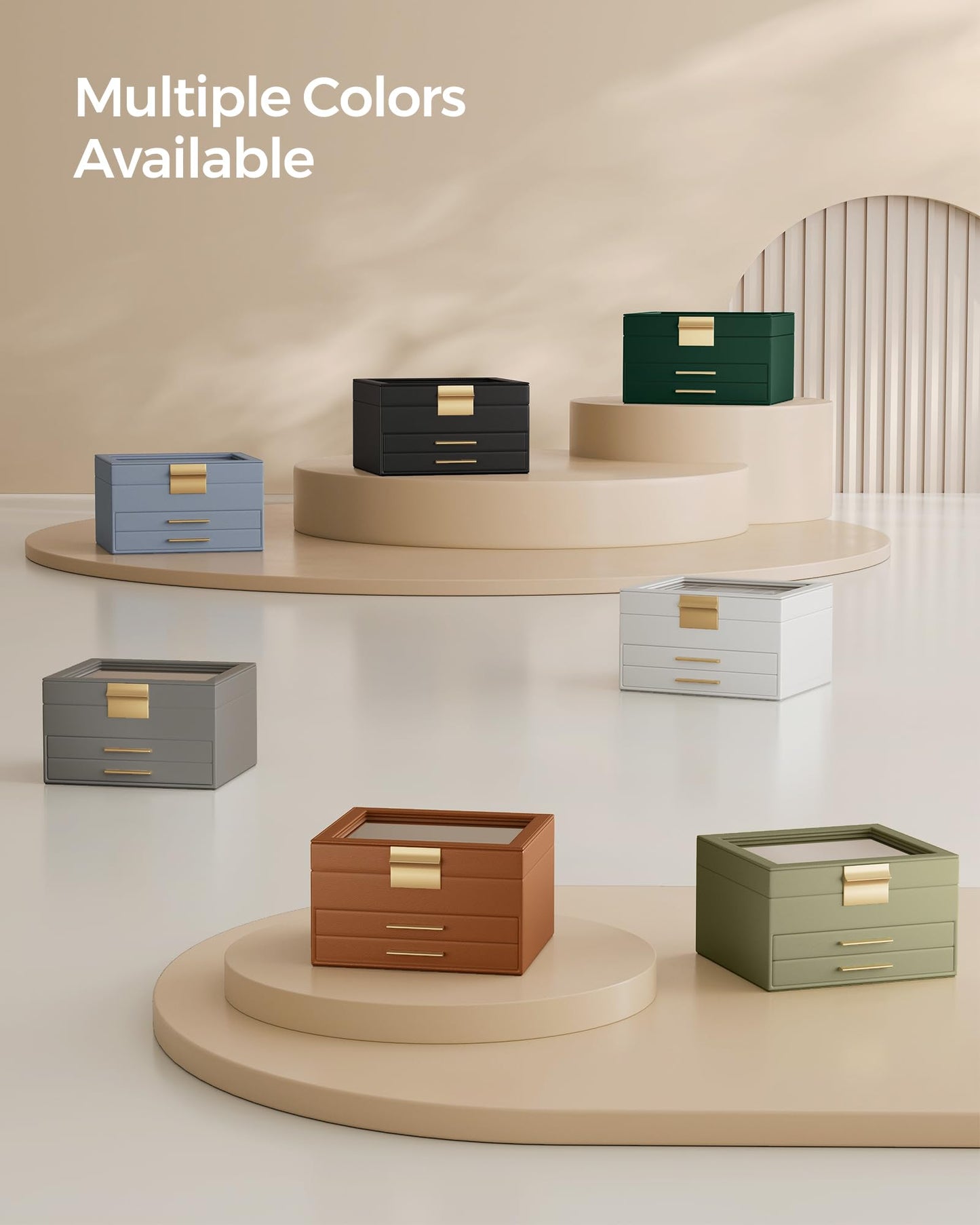 SONGMICS GISELLA Collection - Jewelry Box Organizer, 3-Layer Jewelry Storage with 2 Drawers, Shiny Metal Hardware, Glass Lid, Modern, 8 x 9.1 x 5.3 Inches, Cloud White and Gold Color UJBC239WT