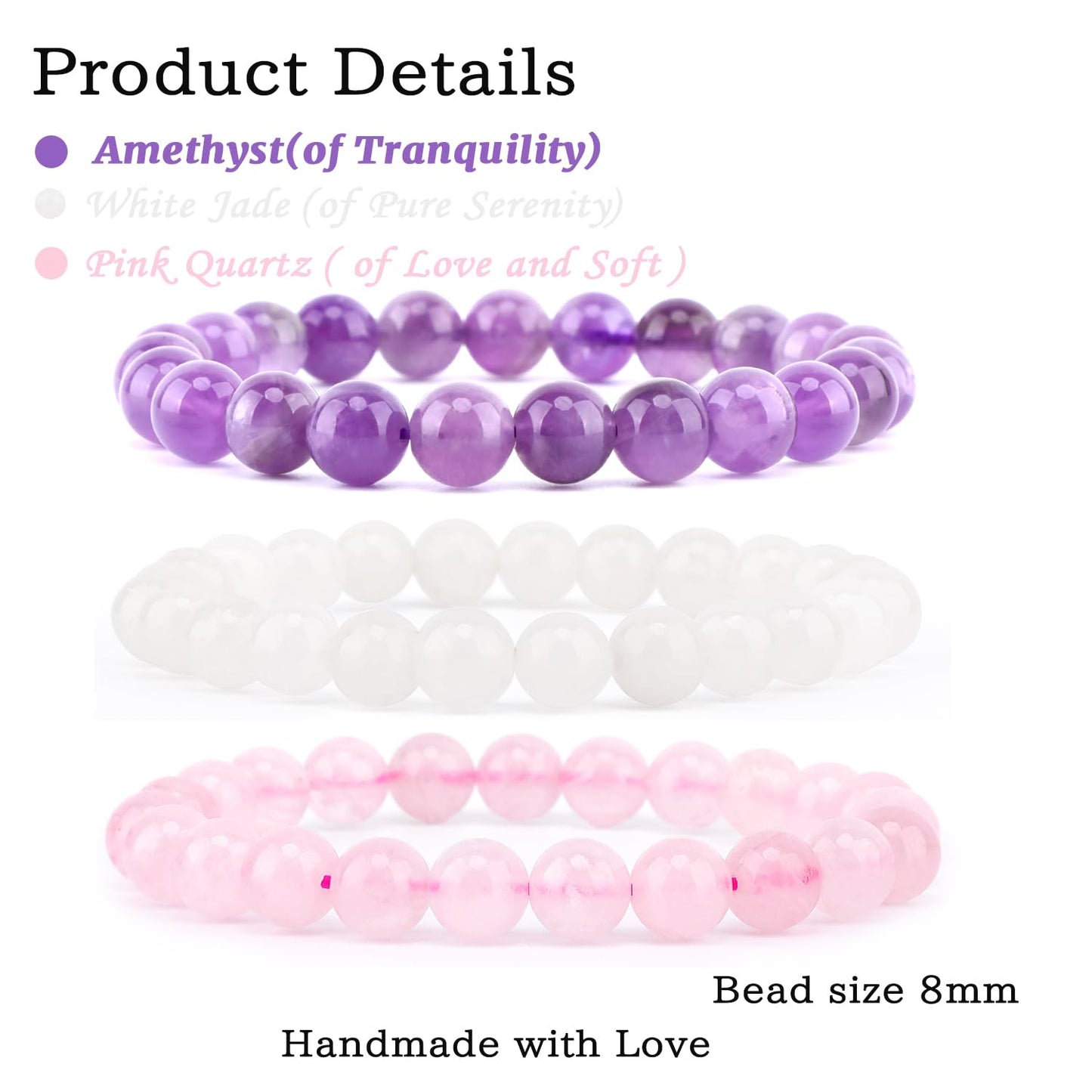 NCB 3-Piece 8mm Natural Crystal Gemstone Stretch Bracelets – ﻿Amethyst, Pink Quartz, White Jade Handmade Reiki Energy Healing Jewelry for Meditation,Yoga, Unisex