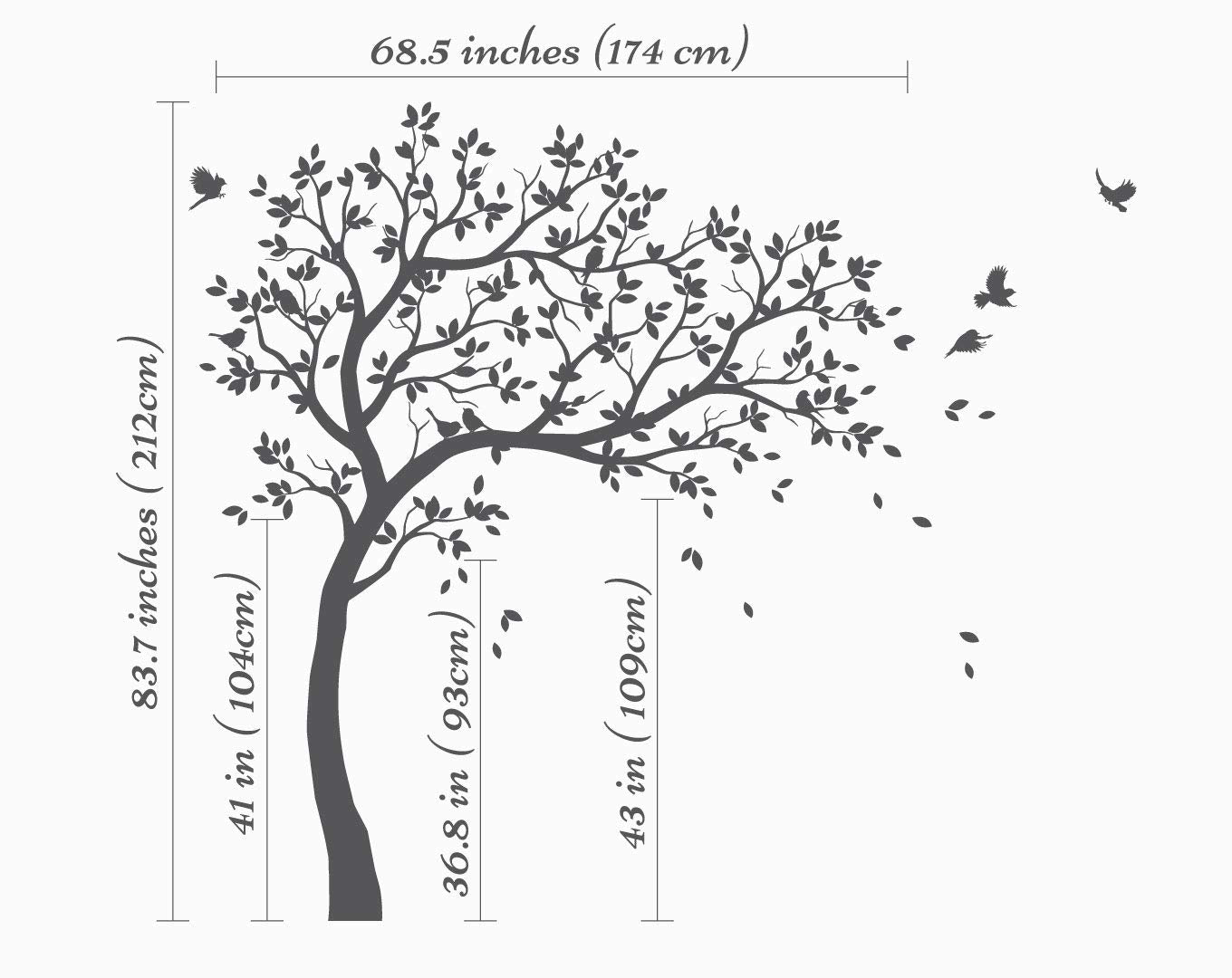 Large Tree Wall Decals Nursery Leaning Tree Stickers with Birds Wall Art Mural Vinyl Decor KW032 (Leaning Right, White)