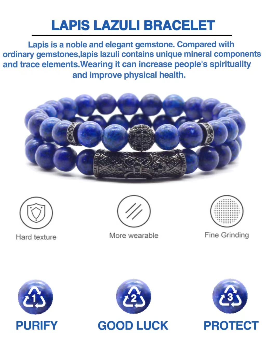 GDLKPYHS Lapis Lazuli Bracelet, Handmade Beaded 8 MM Beads Adjustable Stretch Beaded Bracelets Healing Crystal Chakra Bracelet Men's and Women's Gifts