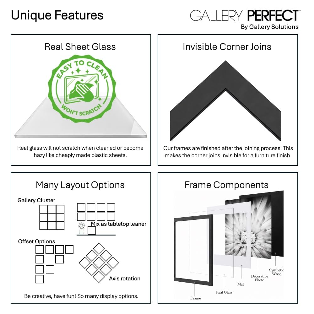 Gallery Perfect 12x12 Picture Frames, 9 Piece Set with Real Glass Cover for 8x8 Photos With Mat, Picture Frames Collage Wall Decor for Gallery Wall, Home Decor, Black