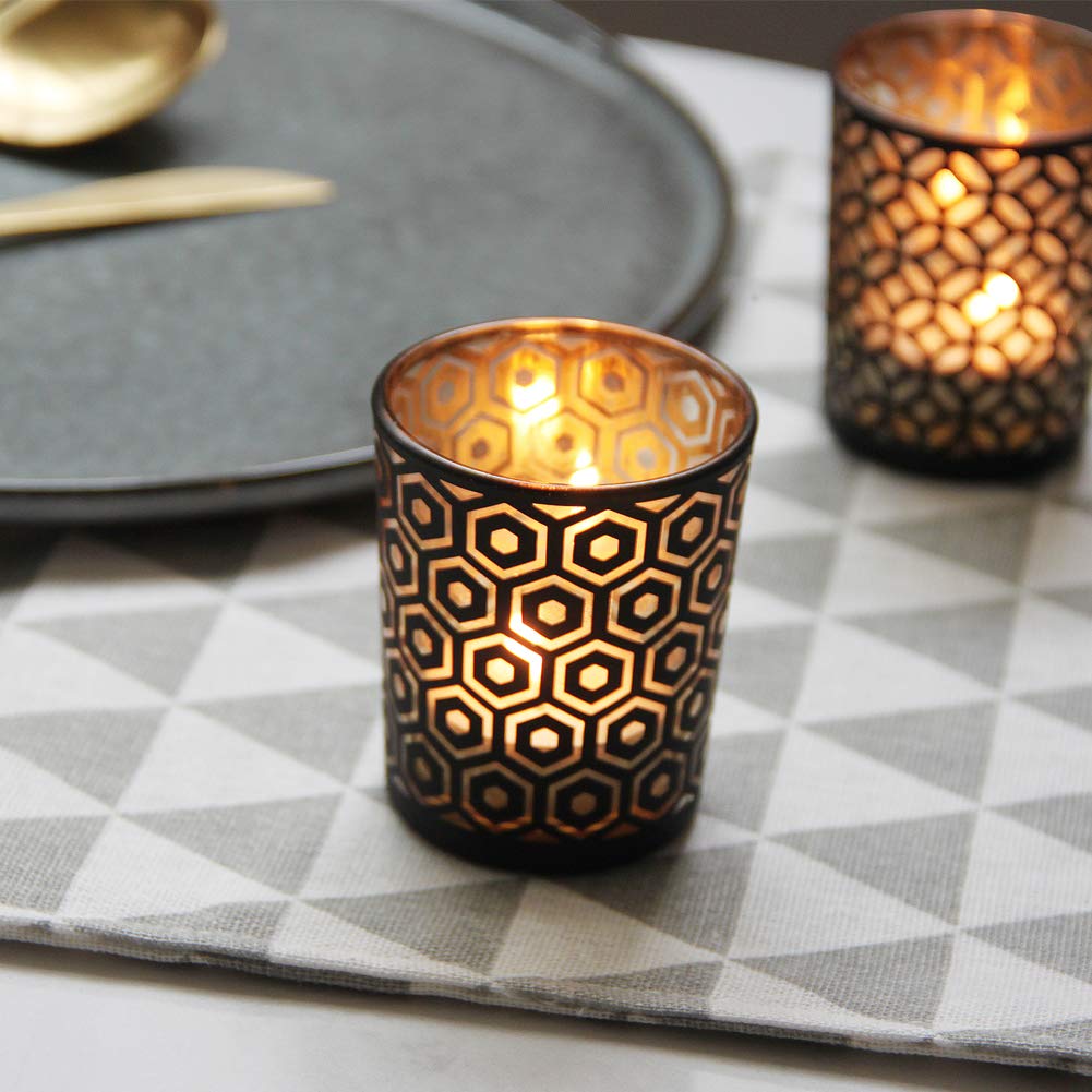 SHMILMH Black Gold Glass Votive Candle Holders Set of 12, Tealight Candle Holder with 4 Patterns for Ramadan Decorations, Eid Mubarak, Wedding Centerpiece, Modern Home Table Decor, Gift Set