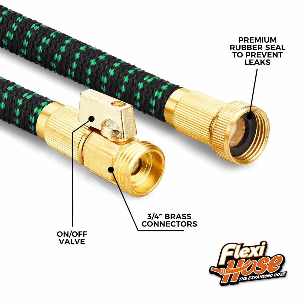 Flexi Hose with 8 Function Nozzle, 50FT - Lightweight Expandable Garden Hose, No-Kink Flexibility, 3/4 Inch Solid Brass Fittings and Double Latex Core - Green
