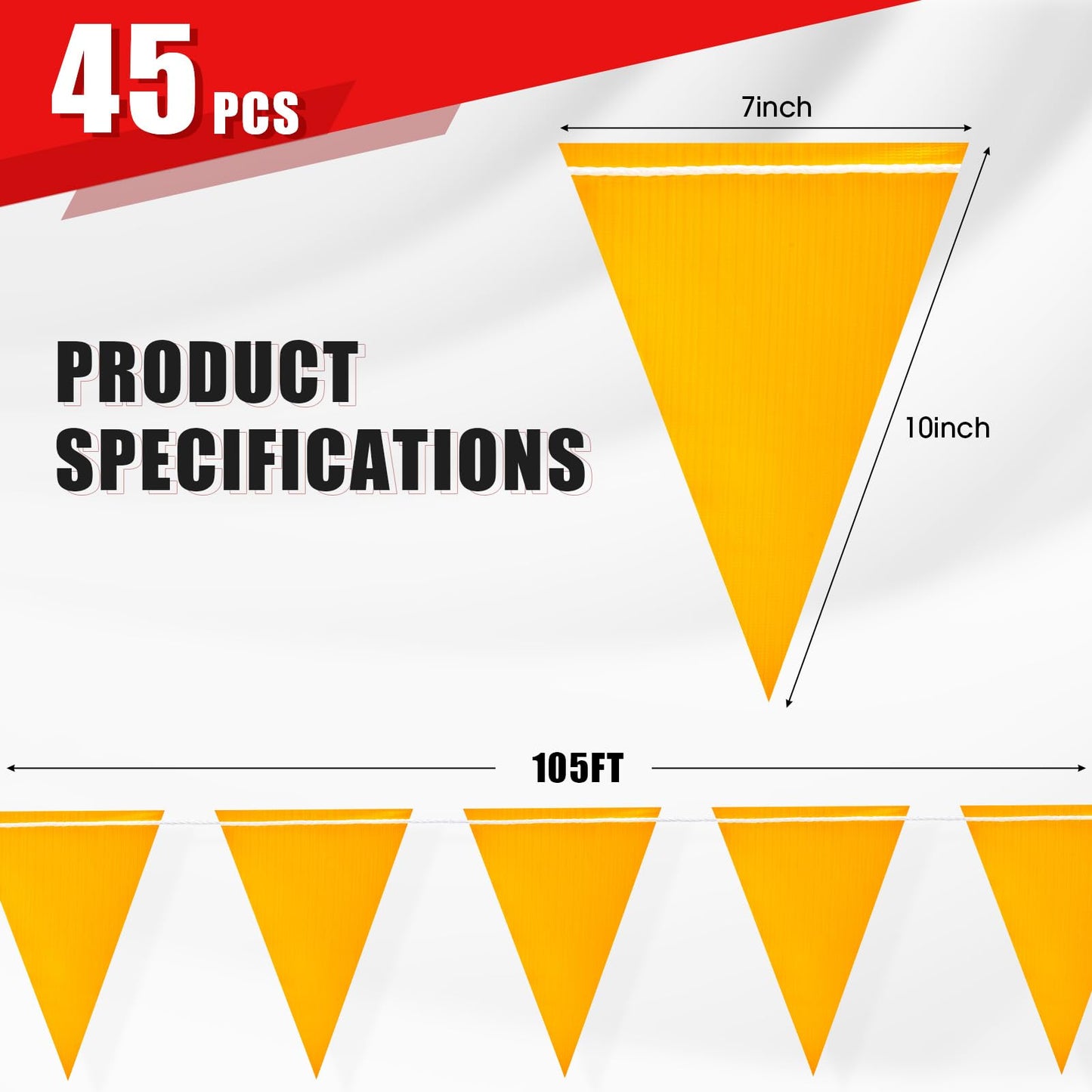 105FT Safety Warning Pennant Banner Flags – Multipurpose OSHA High Visibility Triangle Flags for outside fence, Roadwork, Party and Hazard Areas(YELLOW,45pcs,105FT)