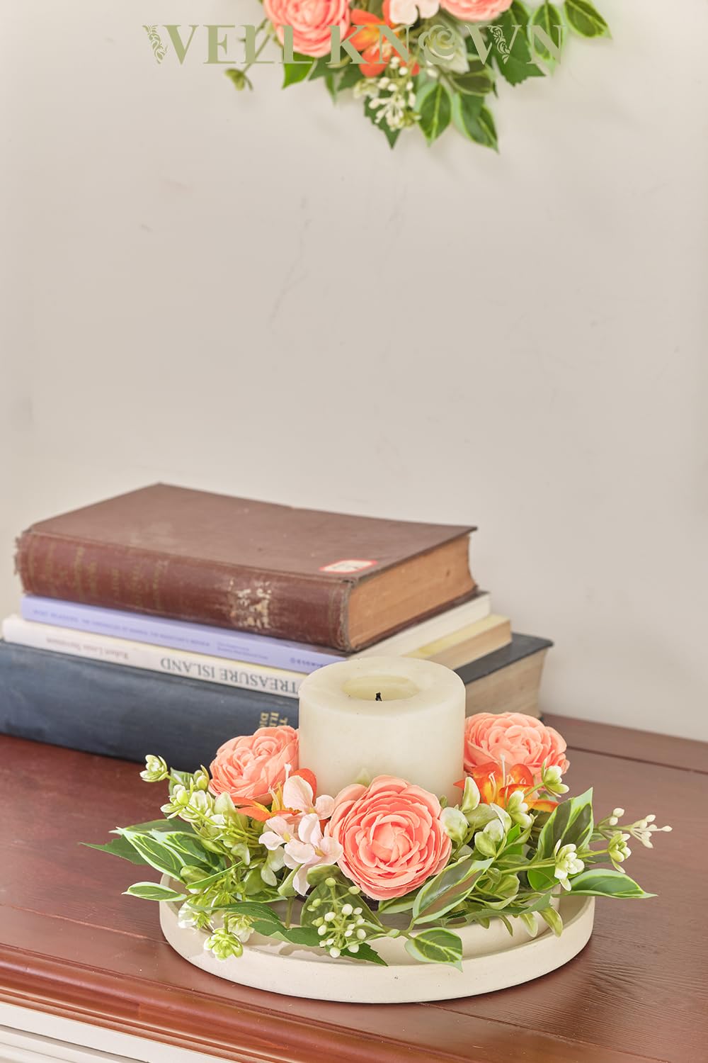 WELL KNOWN 2 Pcs Mini Spring Floral Candle Rings Wreaths for Pillars Home Table Window Decor, 9 Inches Artificial Flower Cabinet Wreath for Kitchen Farmhouse Wedding Party (Peach Ranunculutus)