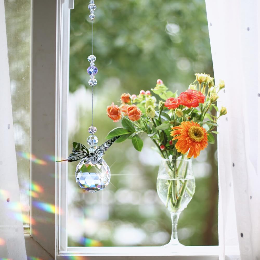 WEISIPU Crystal Hanging Decorations - Hanging Ornament Crystals Butterfly Suncatchers with Clear Crystal Ball for Home, Office, Garden Decoration, Window Decorations Hanging
