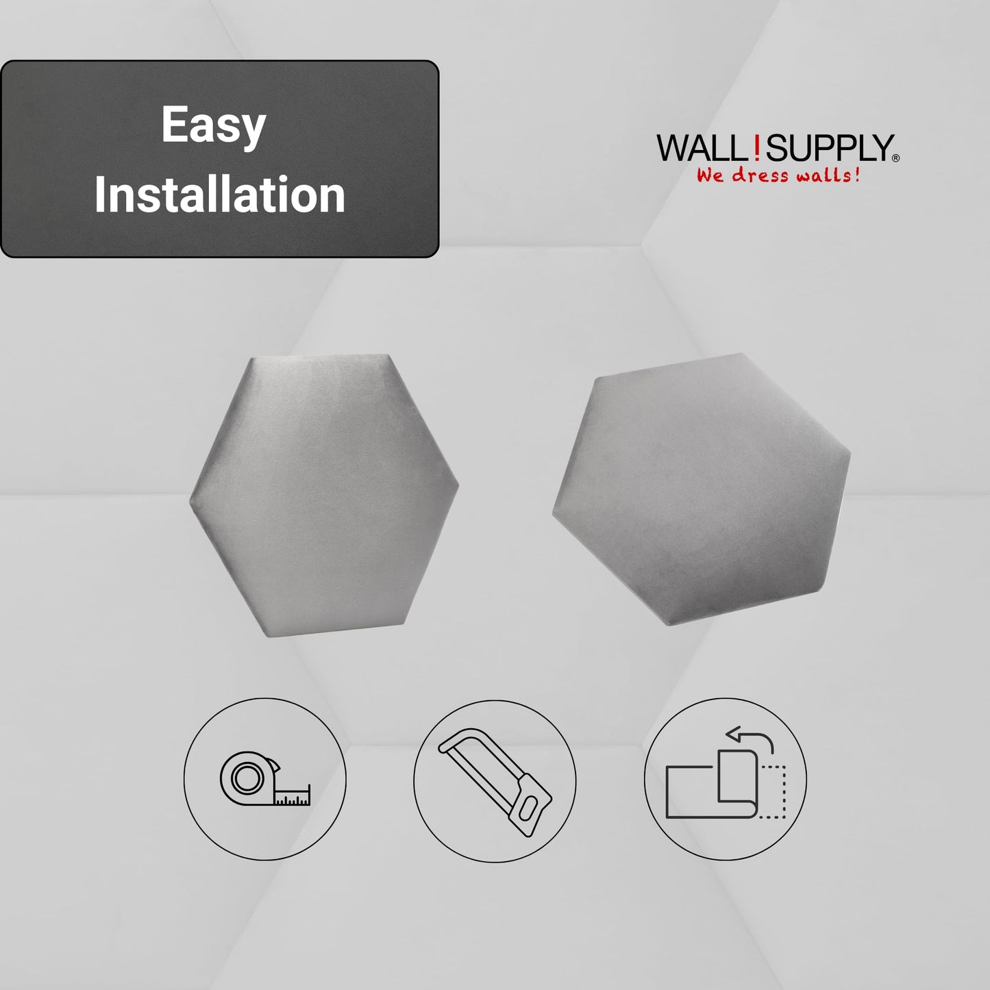 Wall!Supply - Gray Hexagon Velvet Wall Panels - Plush Textile Wall Covering for Feature Walls - Textured Peel-and-Stick Wallpaper Alternative - Sound Dampening - Easy DIY Installation (2-Pack)
