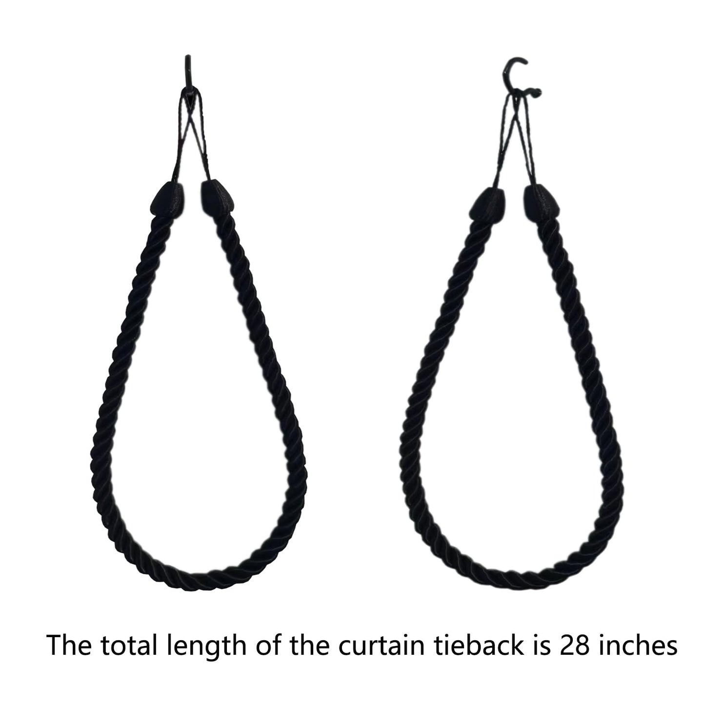 SLIFEOW Curtain Tiebacks Ropes, Decorative Handmade Tie Backs Curtain Holdbacks with 2 Metal Screw Hooks, Holders Cord for Thin or Thick Window Drapes Indoor Outdoor (Black, 2)